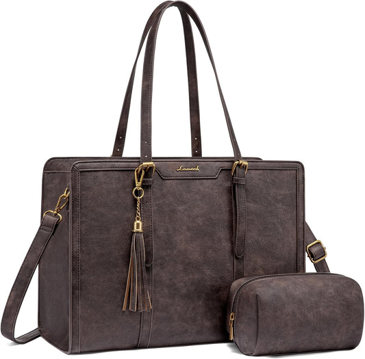 LOVEVOOK Laptop Bag for Women Vintage Leather Laptop Tote 15.6 inch Large Capacity Computer bag with Clutch Purse for Work