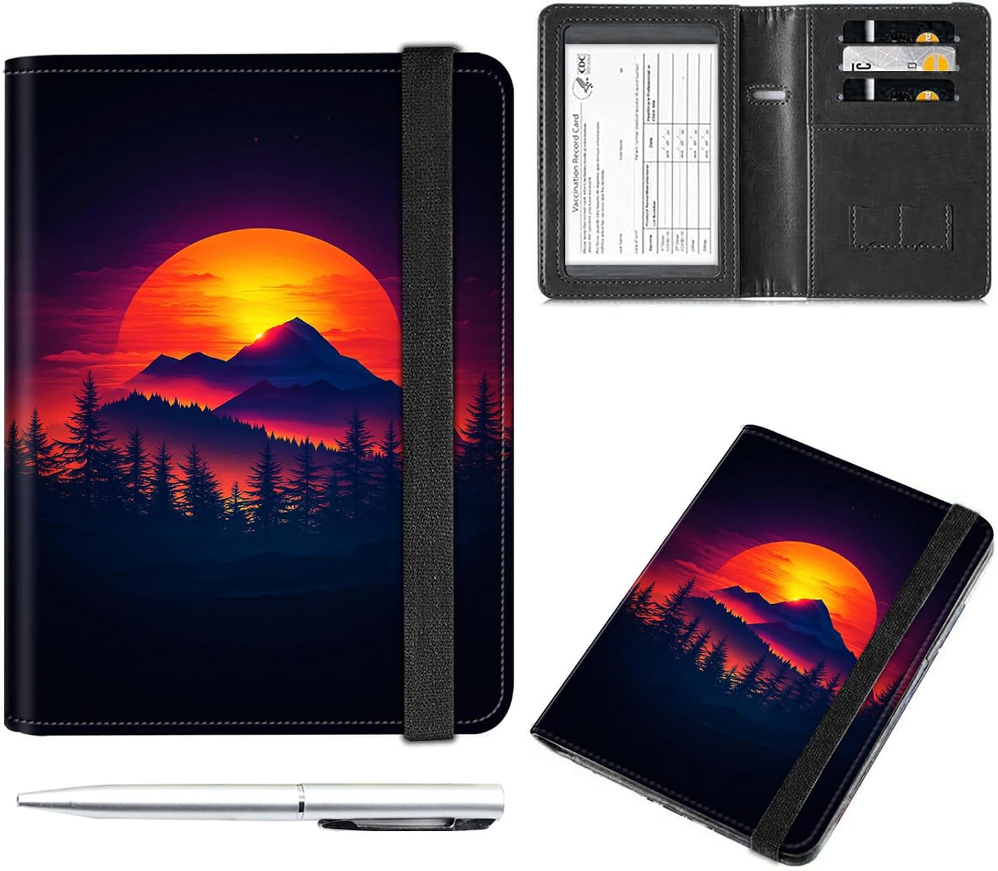 Passport and Vaccine Card Holder Cover Combo,Travel Passport Holder Wallet with RFID Blocking, Leather Vaccine Card Slot Passport Cover Case for Women & Men,Beautifu Sunset and Mountains