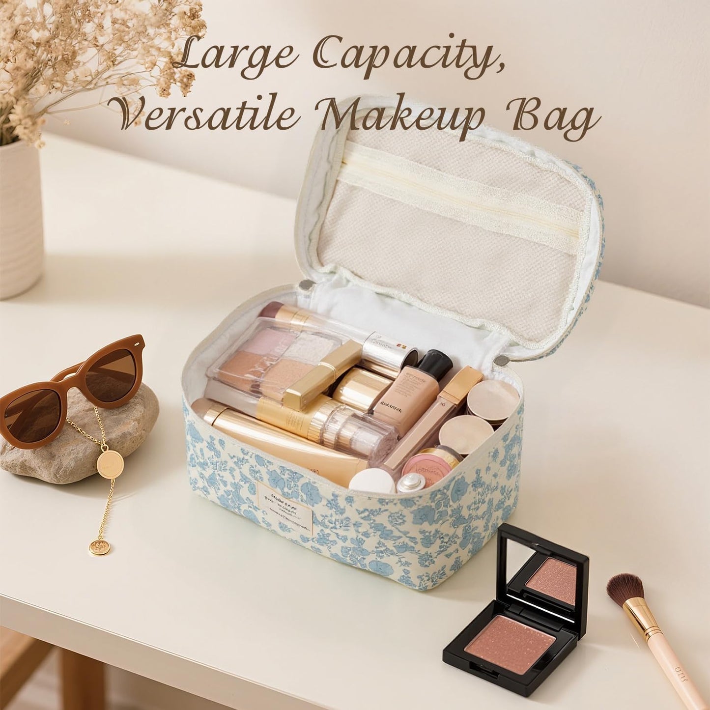 Large Makeup Bag, Cute Cosmetic Bag for Women Girls Floral Coquette Aesthetic Toiletry Bag Travel Make Up Organizer Bag (Blue)