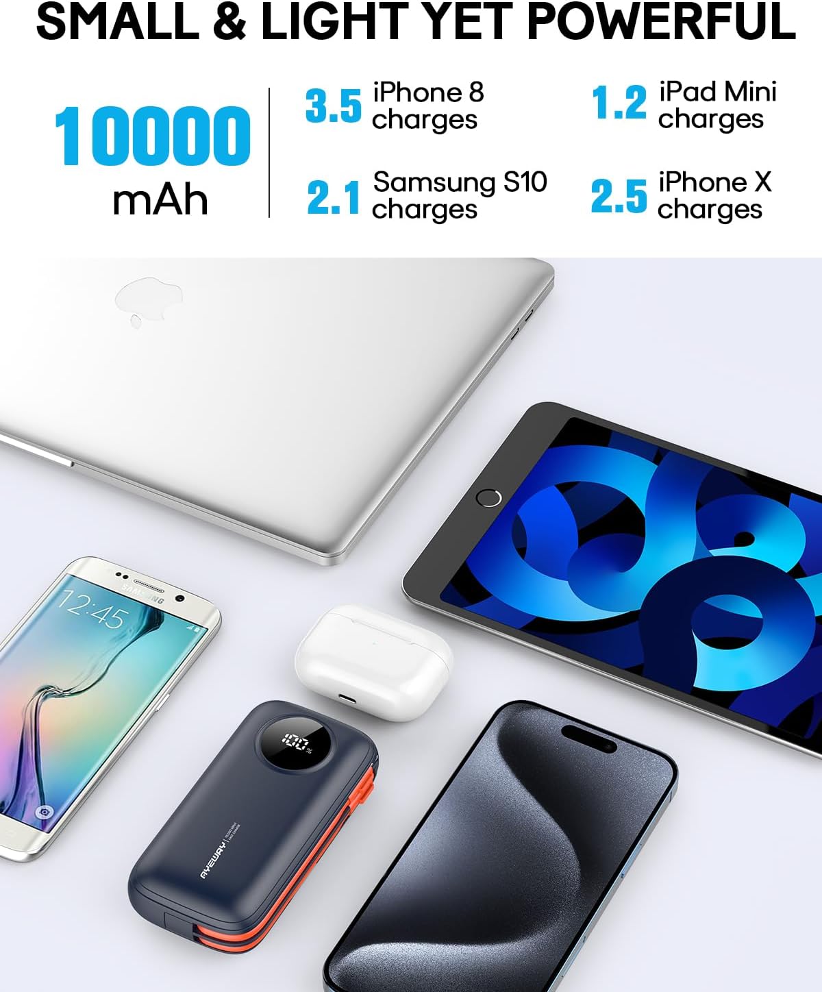 Ayeway Lightweight USB C Battery Pack with Built in Cables,10,000mah Portable Charger High Speed Charging Power Bank with 4 outputs,External Battery Phone Charger for iPhone,Samsung,5V Heated Vest