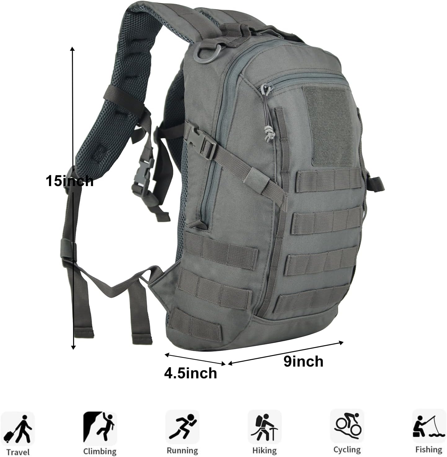 Small Tactical Backpack Military Daypack 12L Molle Bag Rucksack Army Daypack for Outdoor,Hiking,Camping,Travel (Grey)