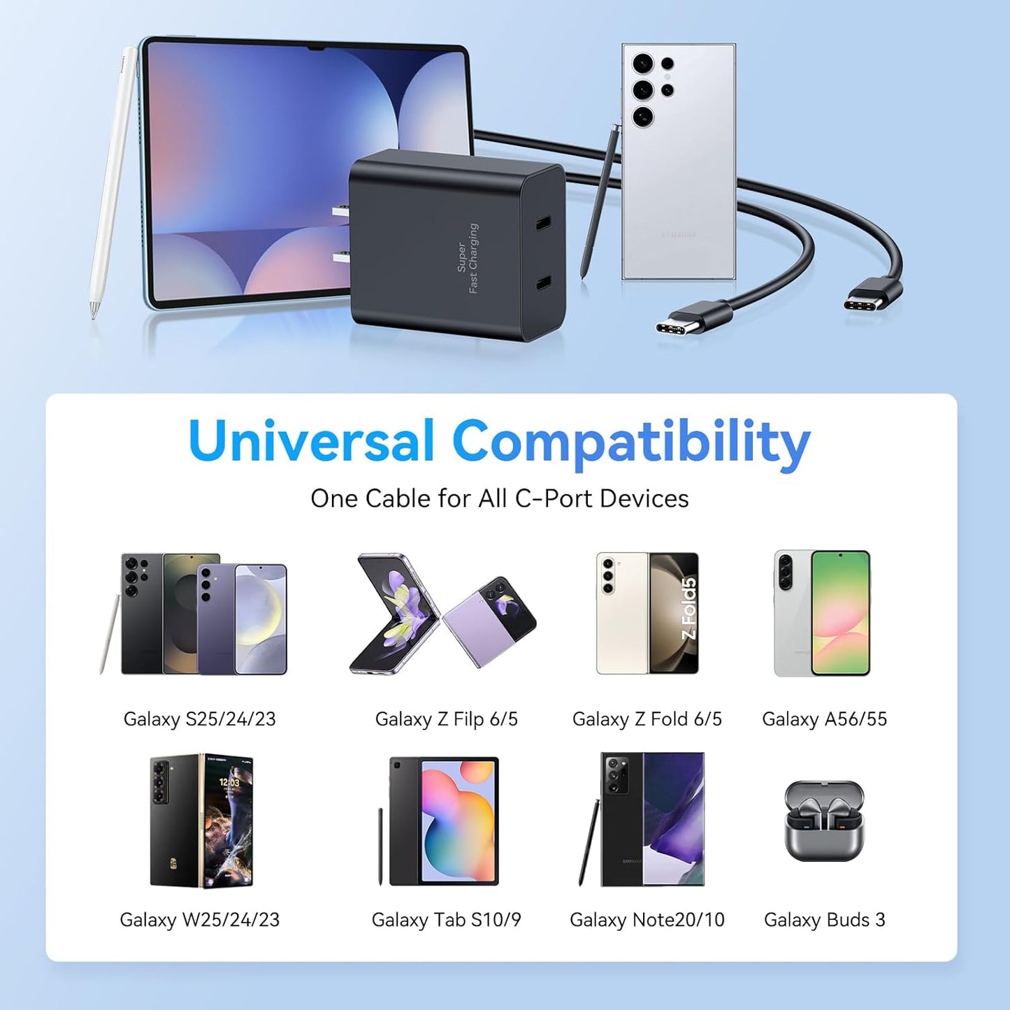 45W Samsung Super Fast Charger,2Pack Dual Port USB C Samsung Charger Fast Charging,Quick Double Type C Android Chargers Block 10FT Long USB C Cable for SamsungGalaxy S25 Ultra/S25/S24+/S23/S22/S21/S20