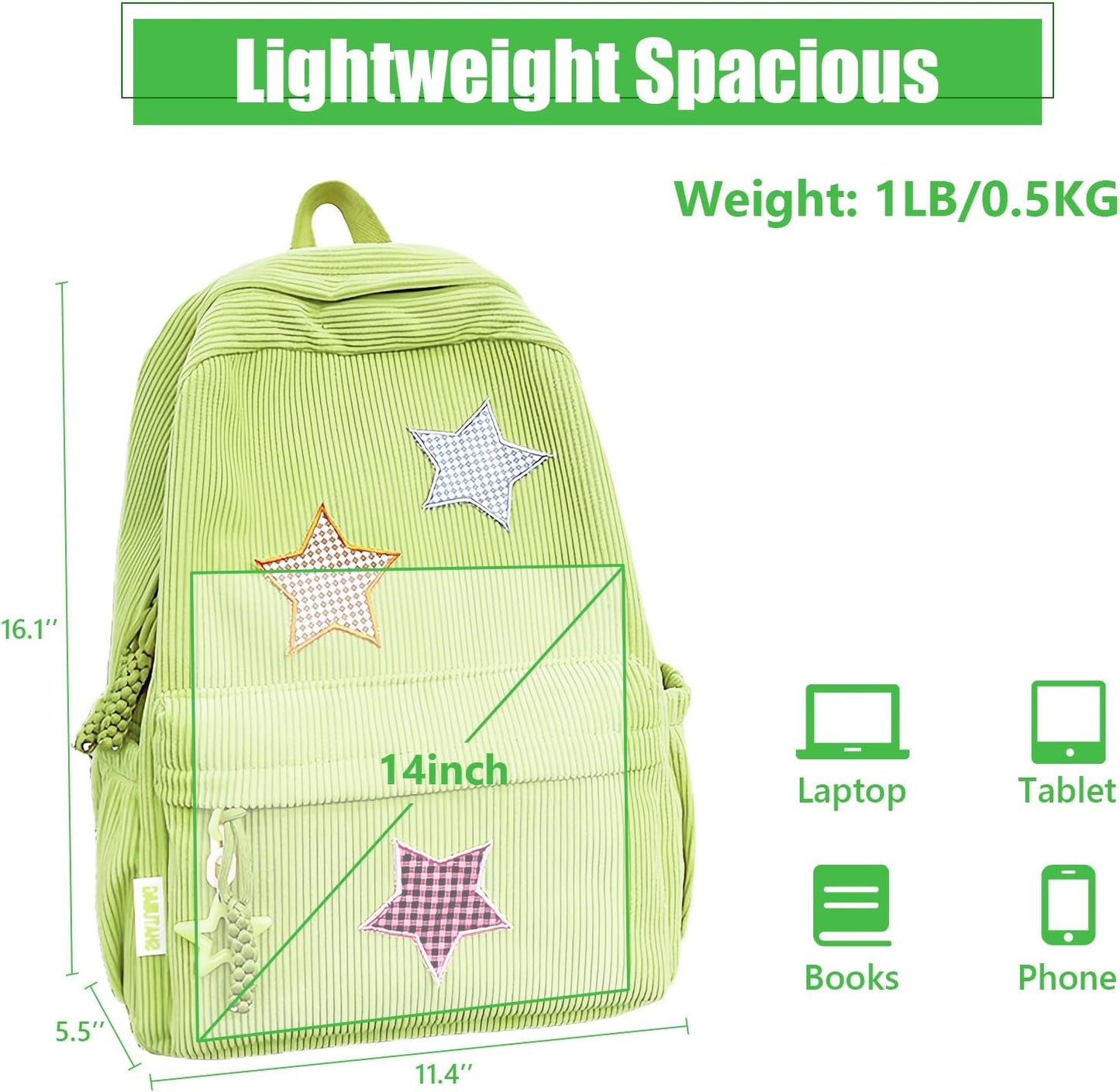 Corduroy Backpack with Star Pattern, Trendy and Versatile, Fits 14'' Laptop Large Capacity Daily Commute (Green)