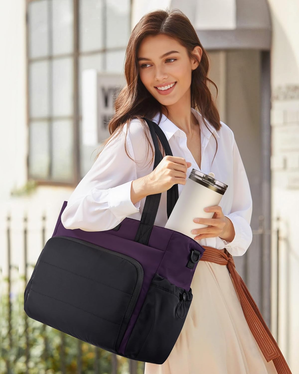 LOVEVOOK Tote Bag for Women, 15.6 Inch Puffer Laptop Work Tote with Cup Holder, Quilted Nurse Bag