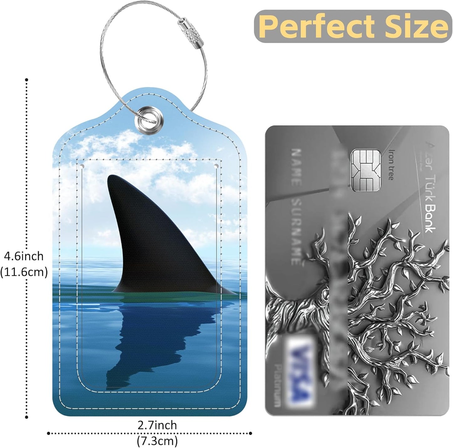 Shark Fin Above Water Luggage Tags 2PCS PU Leather Suitcases Tag with Stainless Steel Loop and Privacy Name Address Cover Label Card for Women Men Travel