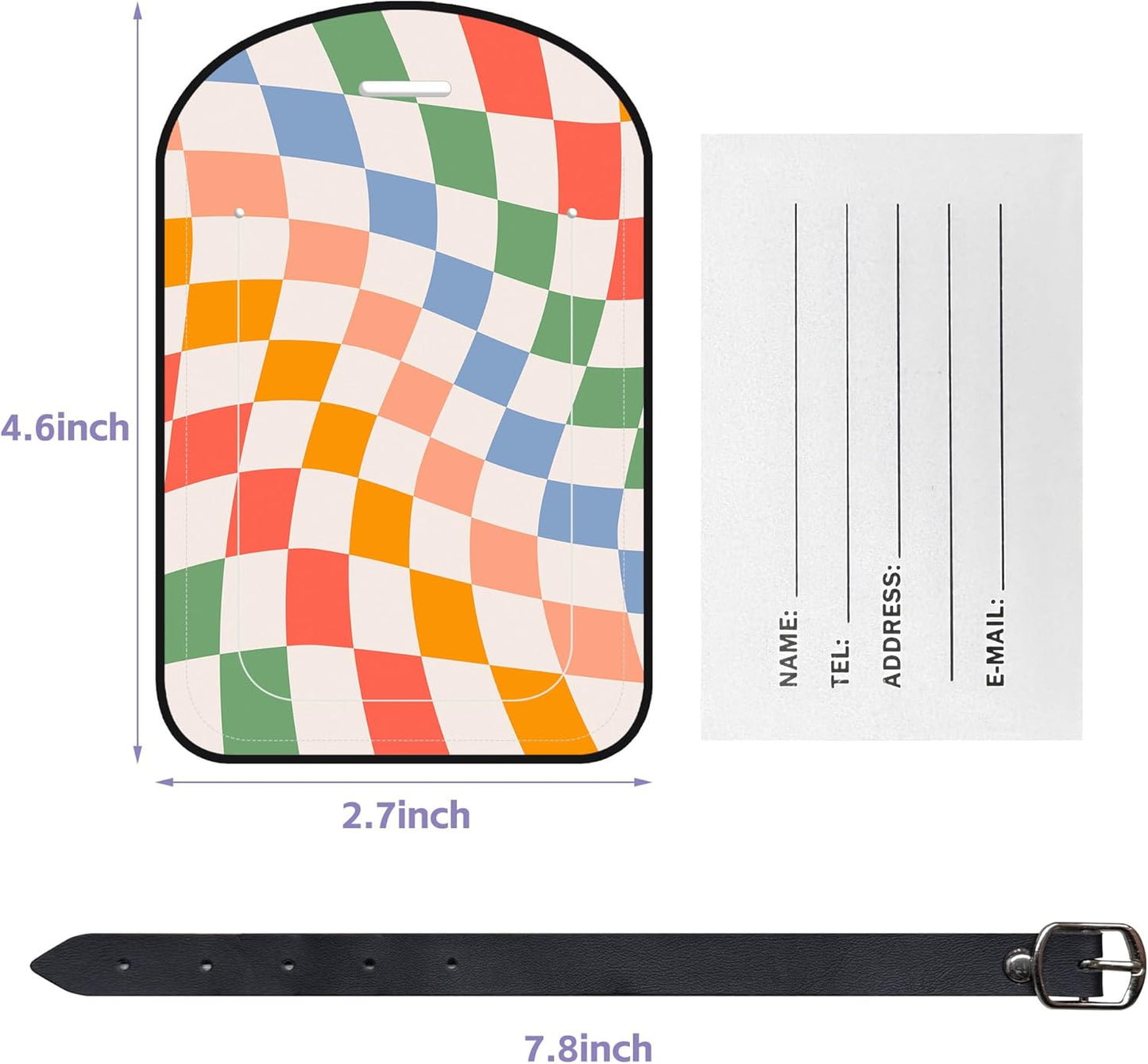 2 Pack Luggage Tags Retro Psychedelic Checkerboard PU Leather Baggage Handbag Suitcase Tags with Secure Strap Privacy Cover ID Labels,Business Travel Baggage Tag Identifier