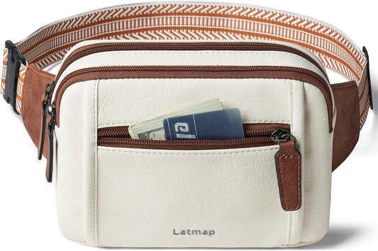 3L TRIPLE ZIP Fanny Packs Belt Bag For Women Men Crossbody Waist Pack Sling Chest Bum Travel Bag Purse Faux Leather Fashion Cute Beige