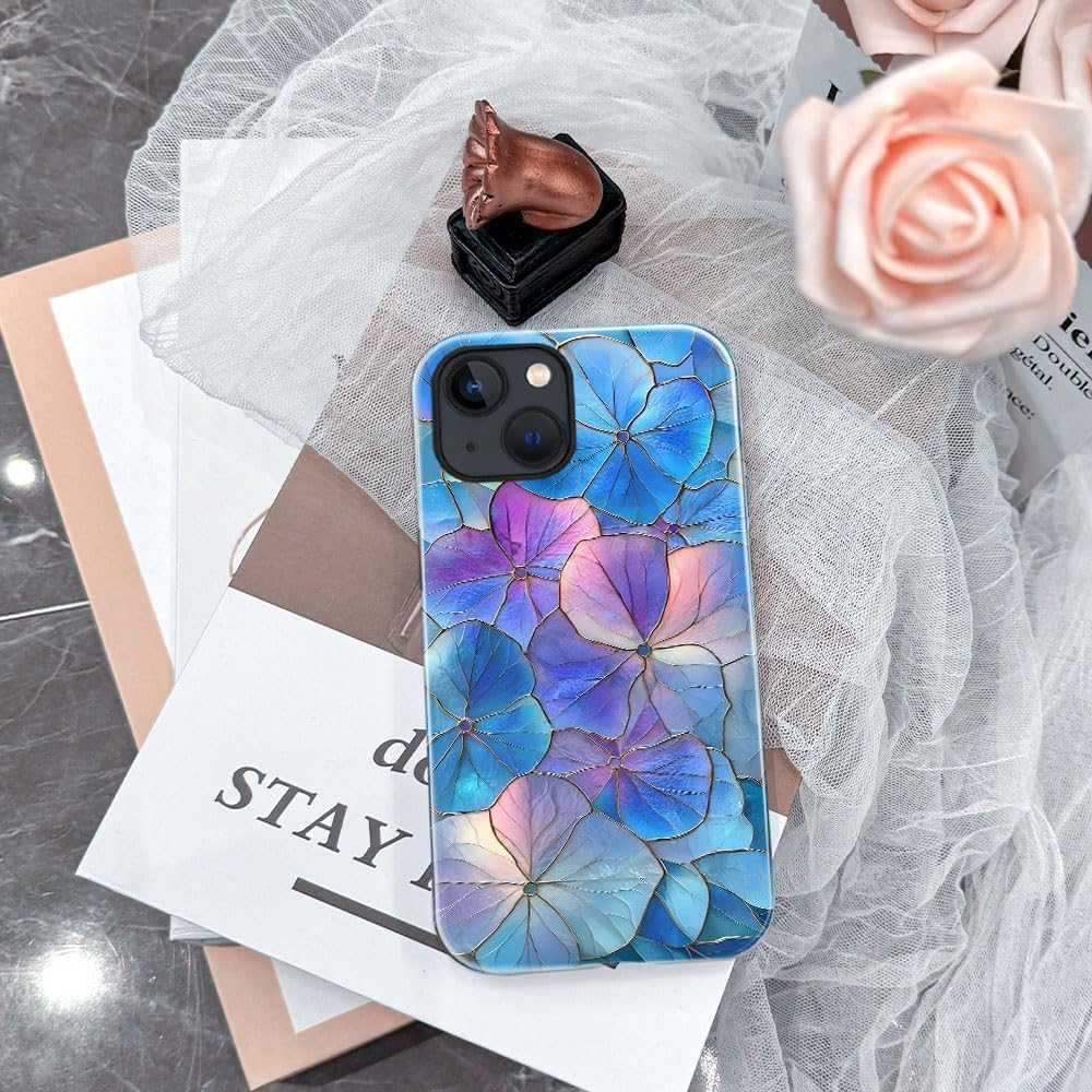 Case for iPhone 15 Plus - Slim Fit Anti-Scratch Phone Case for Girl Women - Blue Hydrangea Floral Stained Glass Aesthetic (Glossy)
