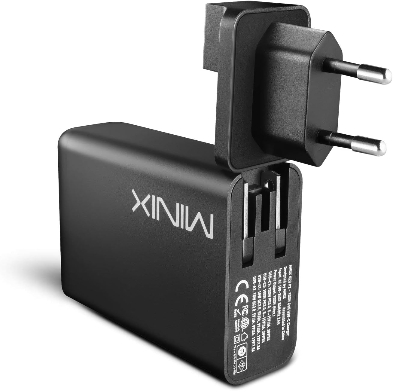 MINIX 100W Turbo 4-Port GaN Wall Charger 2 x USB-A Quick Charge 3.0, 2 x USB-C Power Delivery Adapter Compatible with MacBook Pro Air, iPad Pro, iPhone 11 Pro,Max XR XS X SE2 and More (NEO P2)