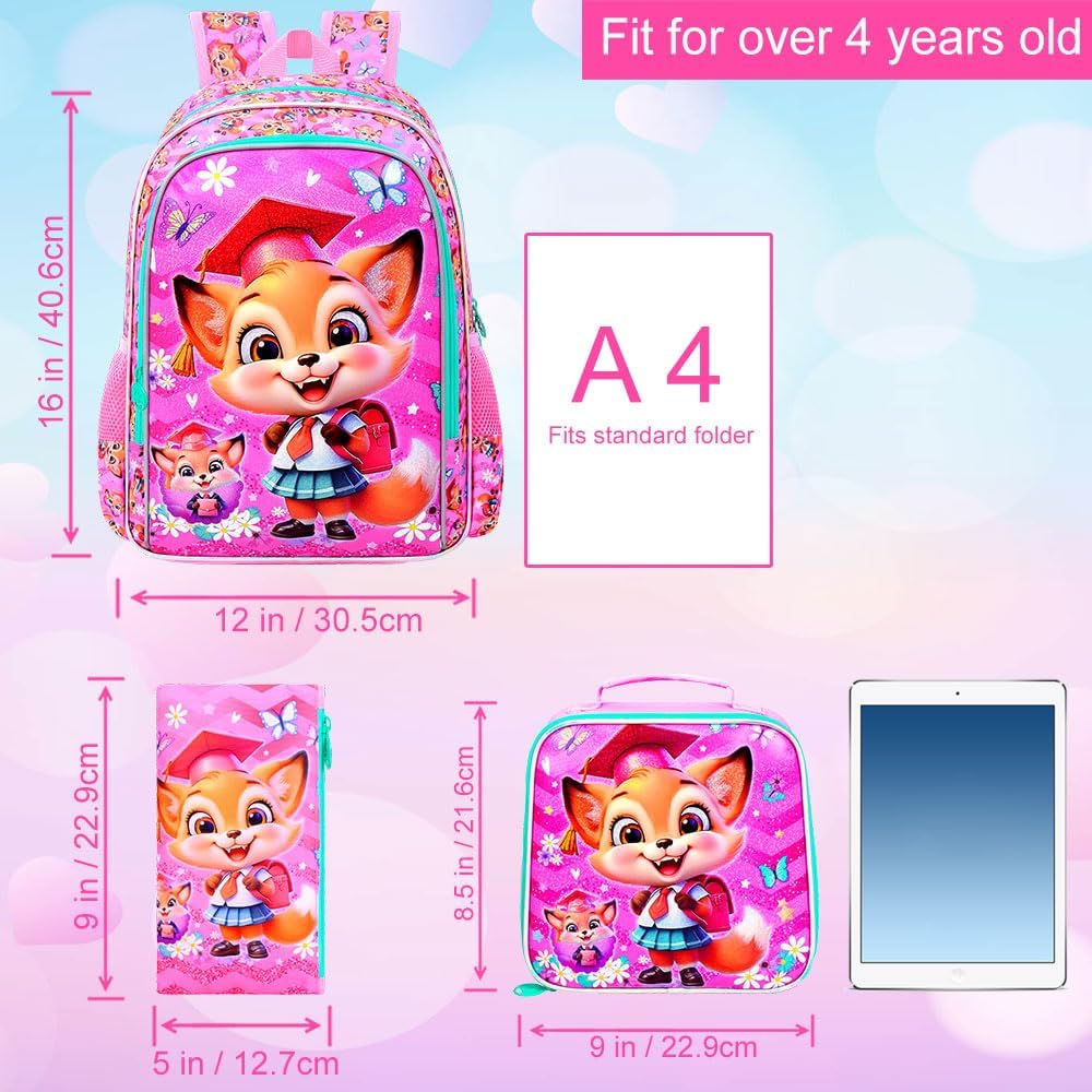 3PCS Girls Fox Backpack, 16" Kids Bookbag with Lunch Box, Water Resistant Elementary Preschool Toddler School Bag - Pink Dr. Fox