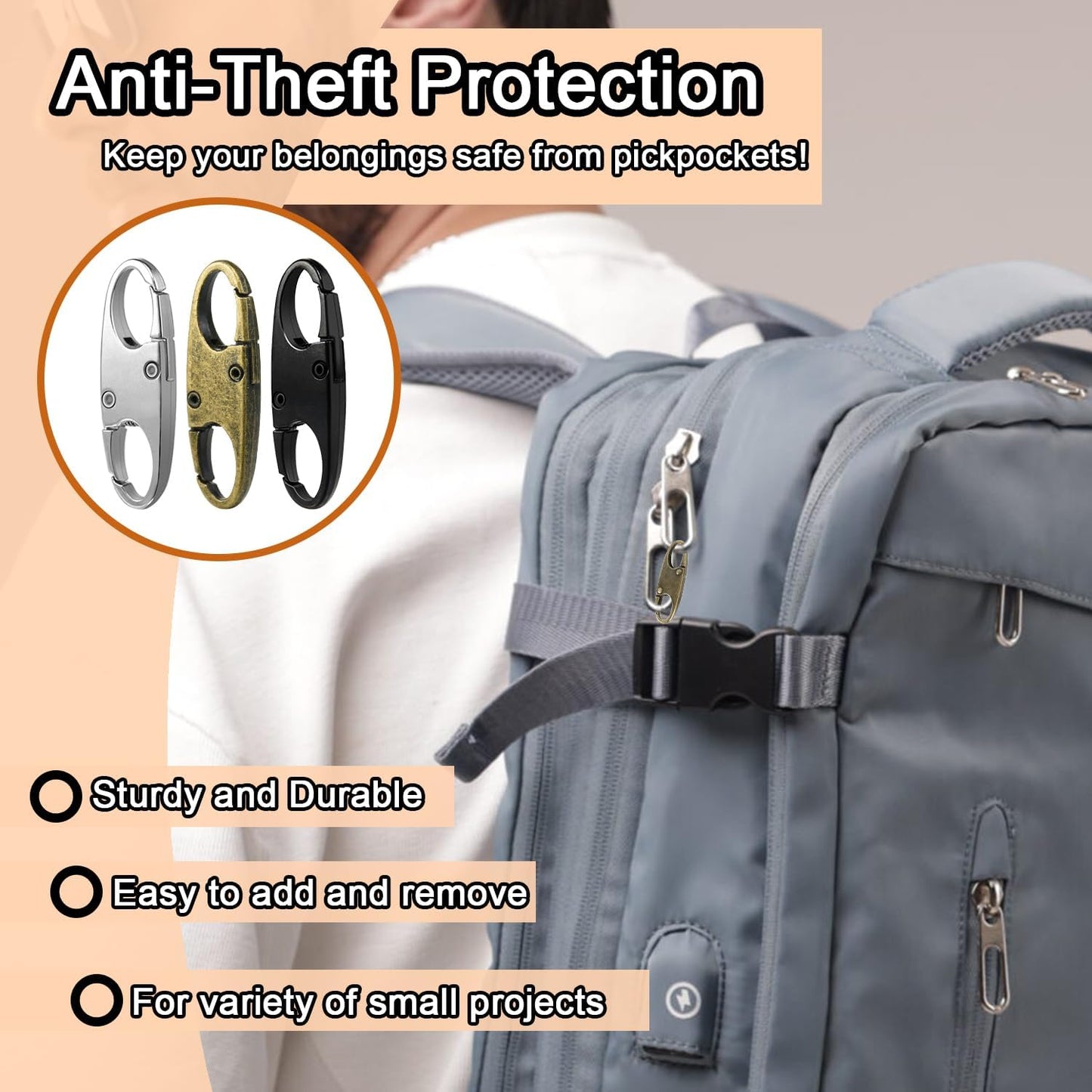 6Pcs Double Opening Lock Zipper Pull Replacement Clips, Small Carabiner Clips, Zipper Locks Anti Theft Deterrent for Bag Luggage Pickpocket Backpack Purse Travel Suitcase (Bronze)