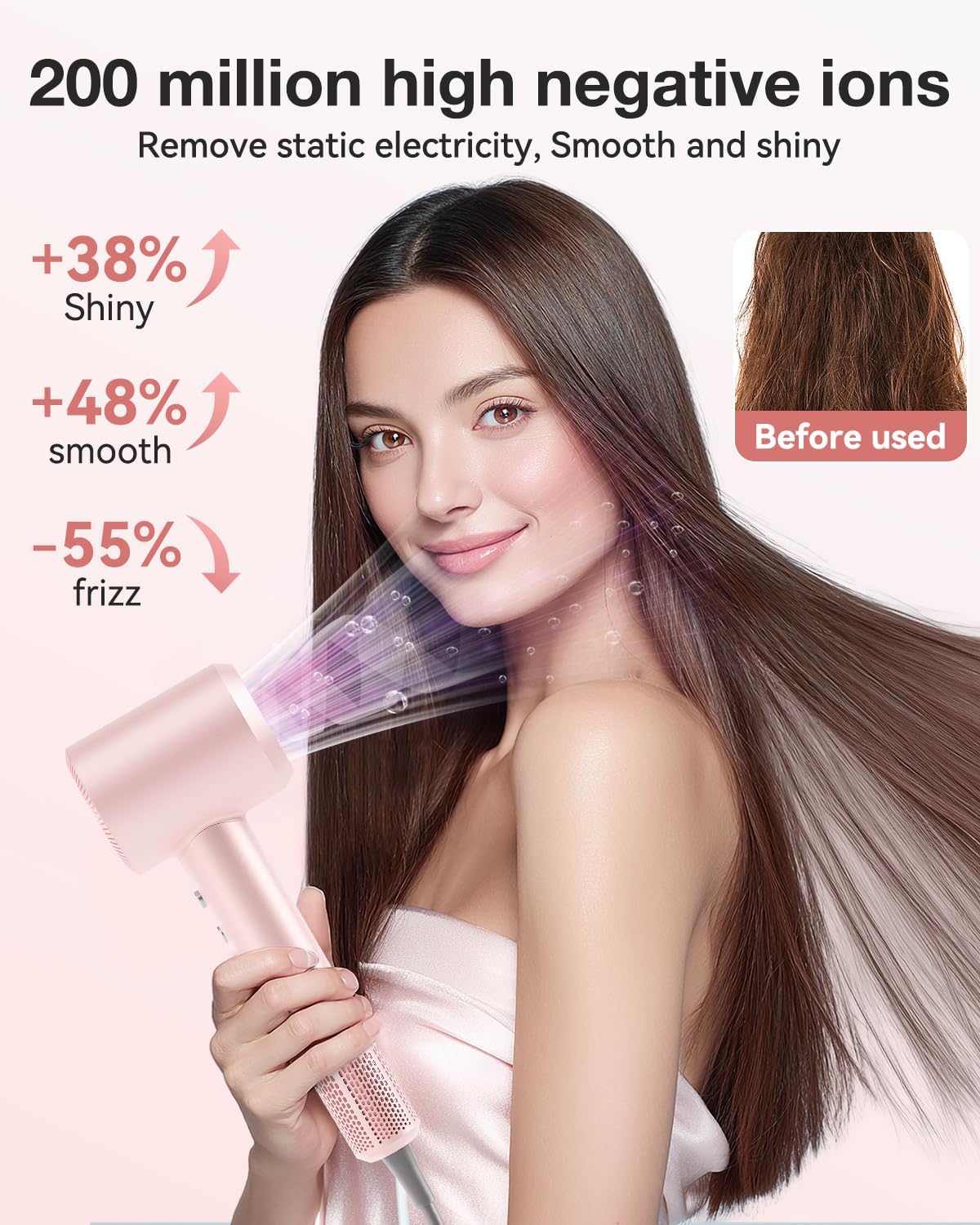 Hair Dryer, High-Speed Ionic Low Noise Blow Dryer with 160000 RPM Motor for Fast Drying, Thermo-Control Portable Hair Blow Dryer with Magnetic Nozzle for Home Travel Salon (P2306F Pink)