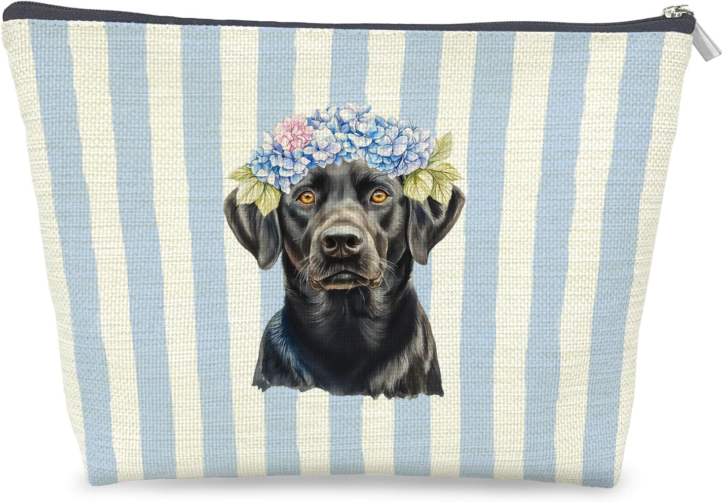 Blue Hydrangea Labrador Retriever Makeup Bag Gifts for Women, Black Labrador Gifts Cosmetic Bag, Blue Striped Lab Dog Zipper Makeup Pouch Travel Toiletry Bags