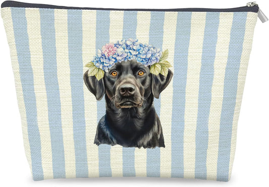 Blue Hydrangea Labrador Retriever Makeup Bag Gifts for Women, Black Labrador Gifts Cosmetic Bag, Blue Striped Lab Dog Zipper Makeup Pouch Travel Toiletry Bags