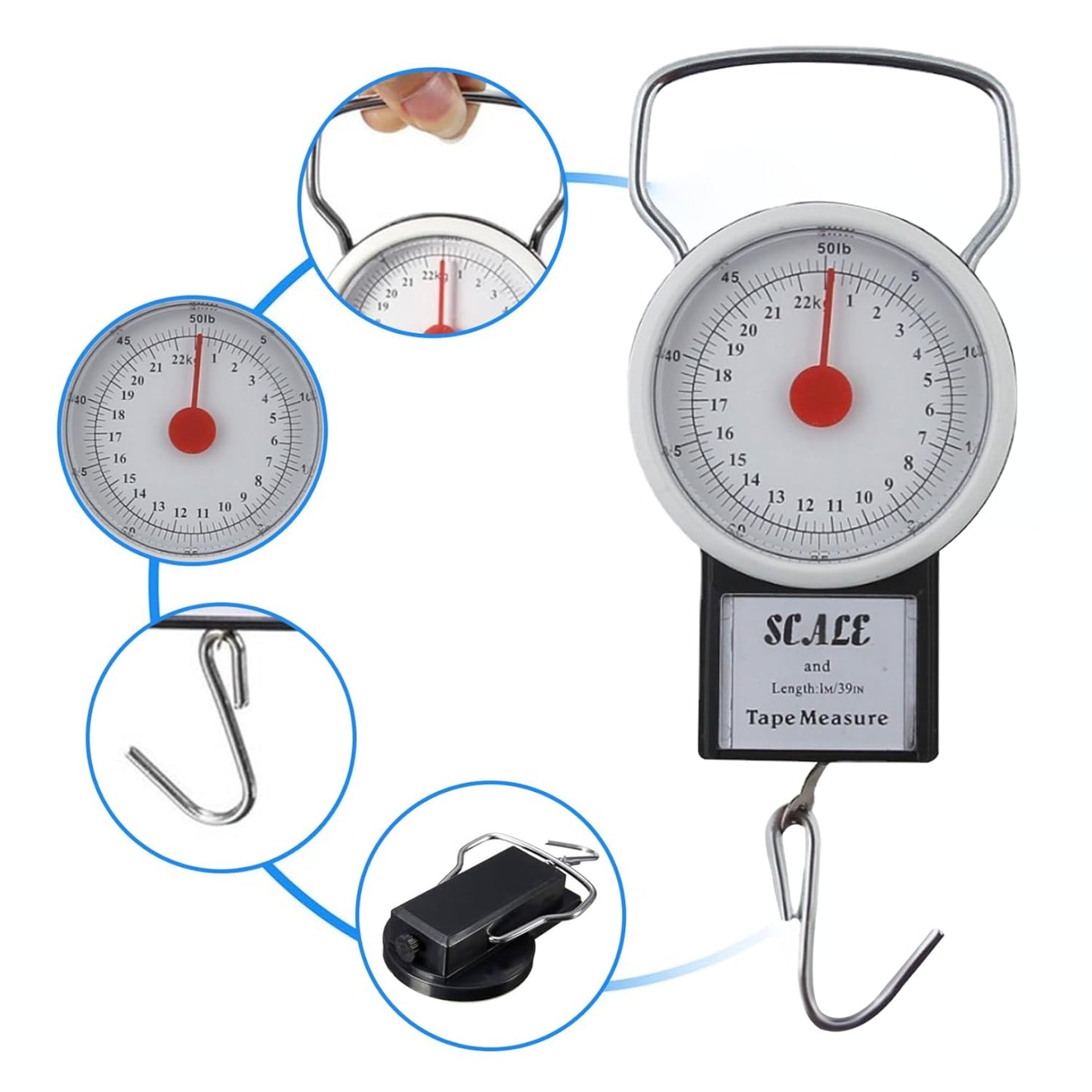 Manual Luggage Scale 22kg Portable Travel Scales with 1m Tape Measure and Adjustable Display for Luggage Weight Scale