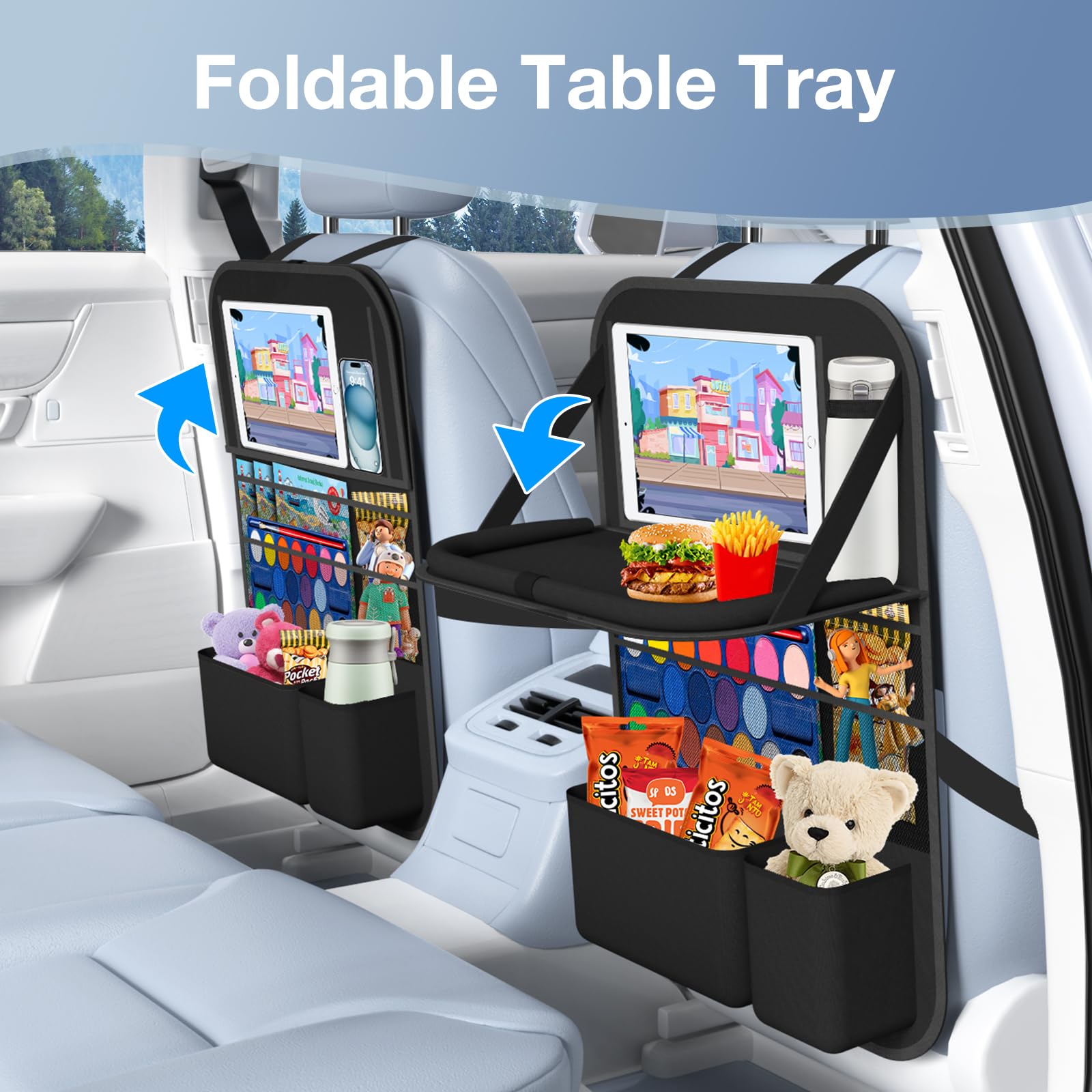 Oneyus Car Backseat Organizer with Table Tray(2-Pack) 9 Storage Pockets Backseat Car Organizer and