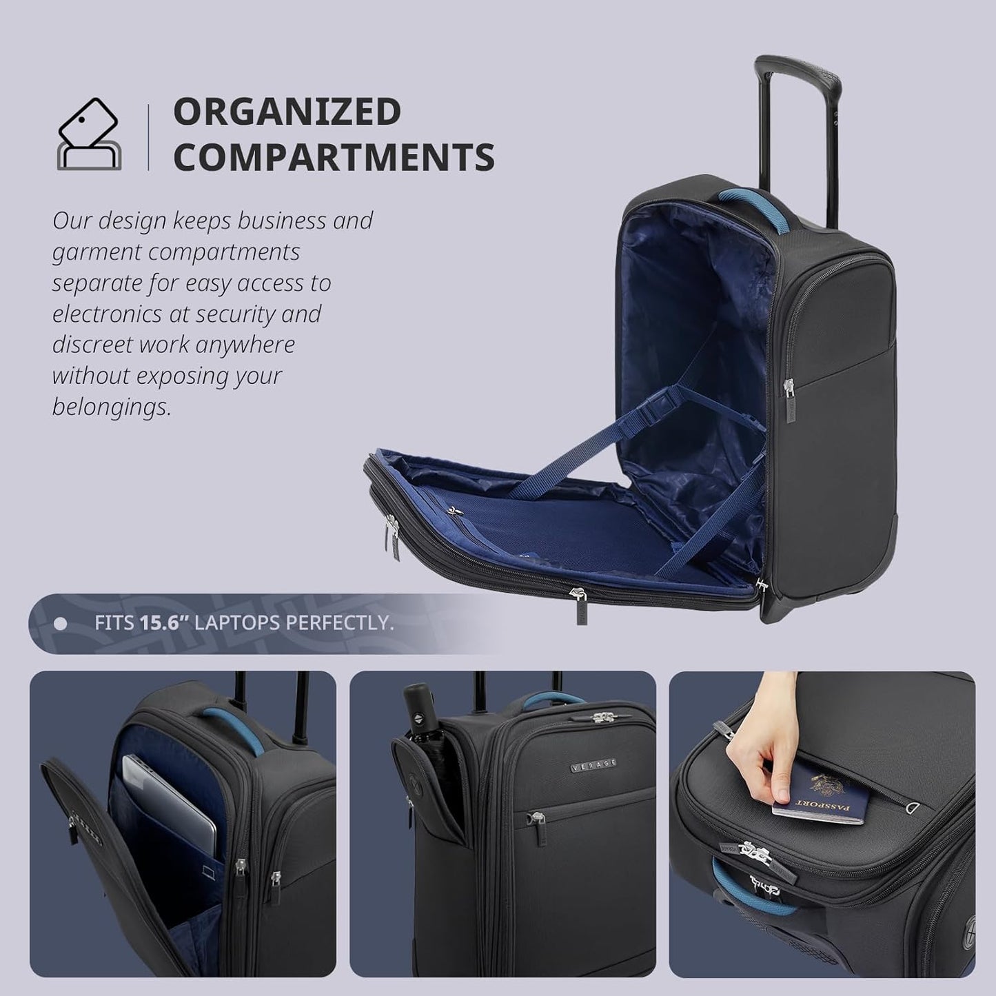 Verage Carry On Underseat Luggage with 2 Wheels & USB Port, 16 Inch Wheeled Spinner Bag Carry-on Luggages for Airlines, Lightweight Suitcase Men Women, Pilots and Crew(16-Inch Rolling Underseat Pro)