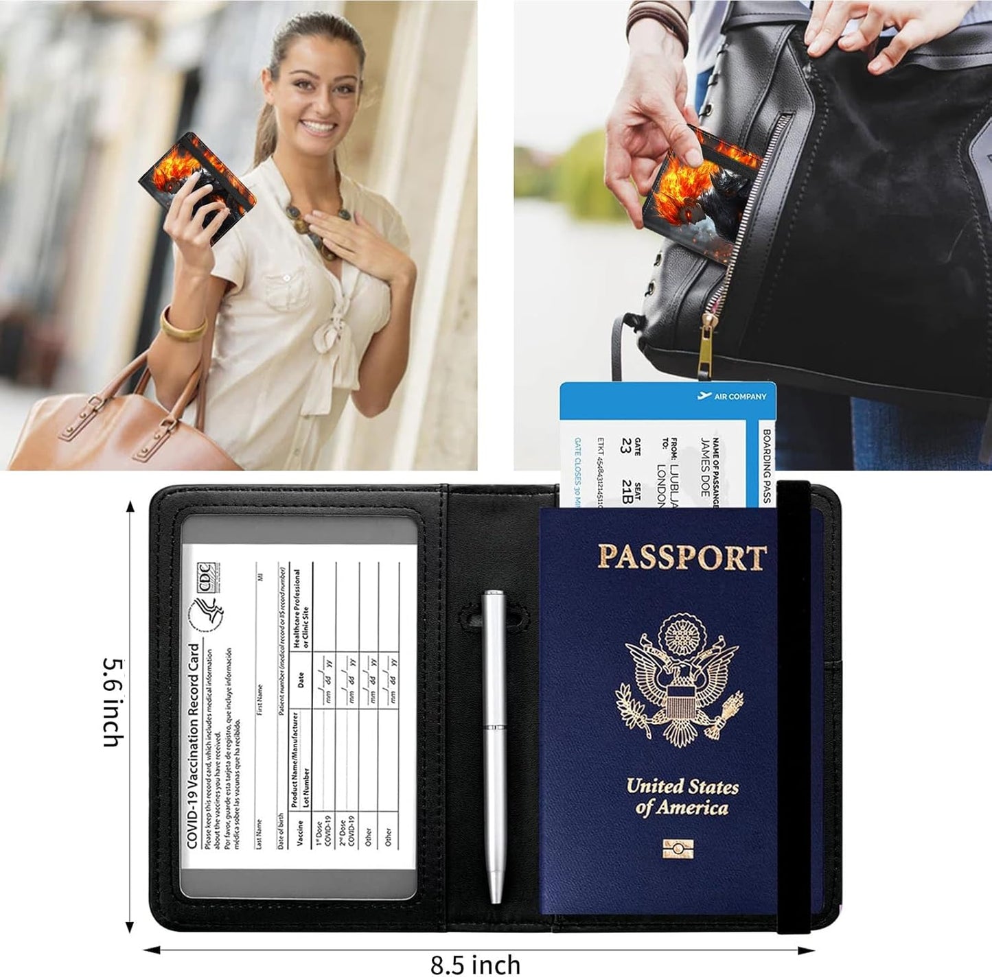 Passport and Vaccine Card Holder Cover Combo,Travel Passport Holder Wallet with RFID Blocking, Leather Vaccine Card Slot Passport Cover Case for Women & Men,Sun Wukong Anime