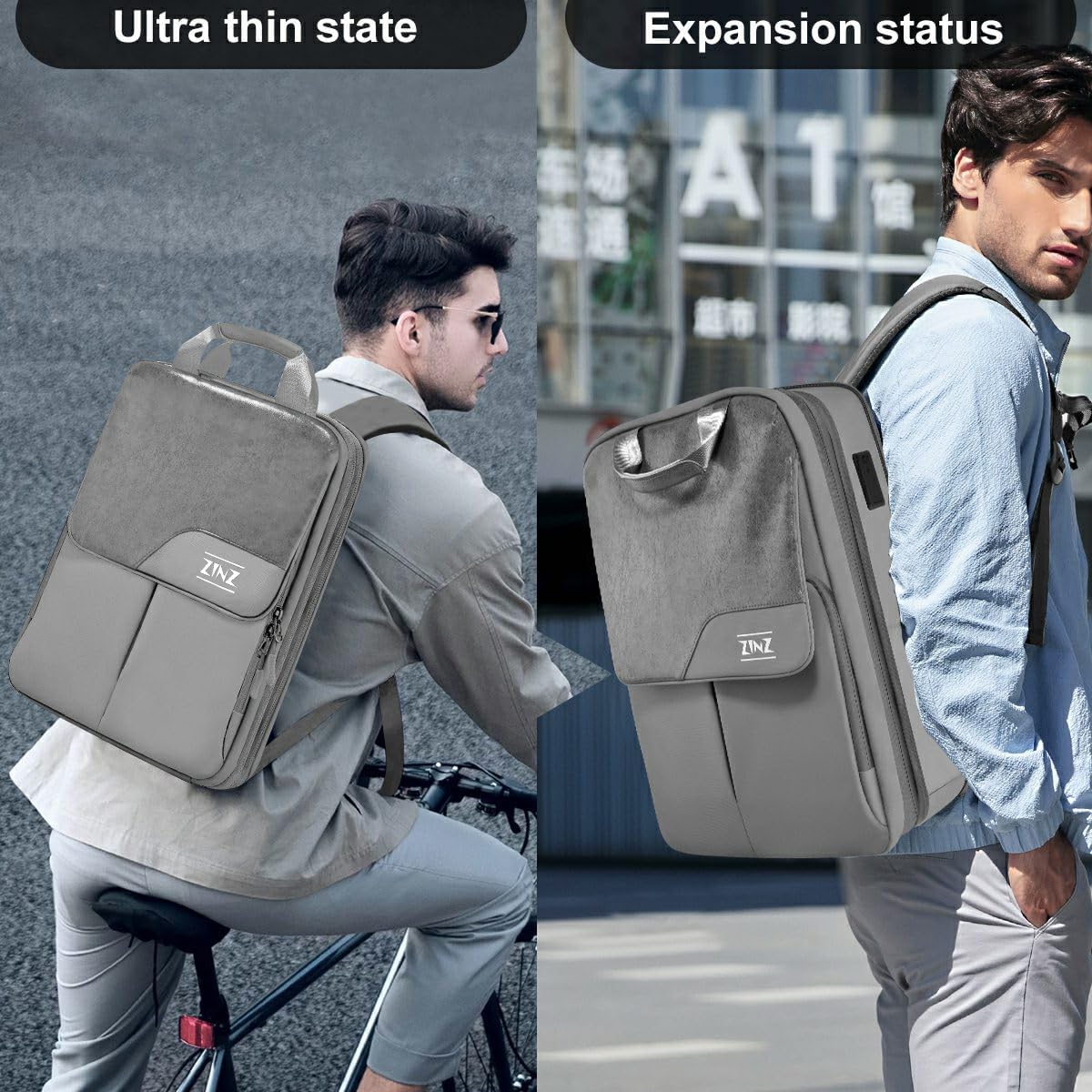 ZINZ Slim & Expandable Laptop Backpack 15.6 16 17 inch Travel Business Backpack Water-Resistant Daypack for Men and Women，Grey