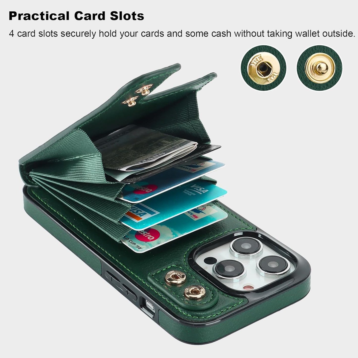 Folosu Compatible with iPhone 14 Pro Case Wallet with Card Holder, 360°Rotation Finger Ring Holder Kickstand, RFID Blocking Leather Protective Double Buttons Shockproof Cover 6.1 Inch Dark Green