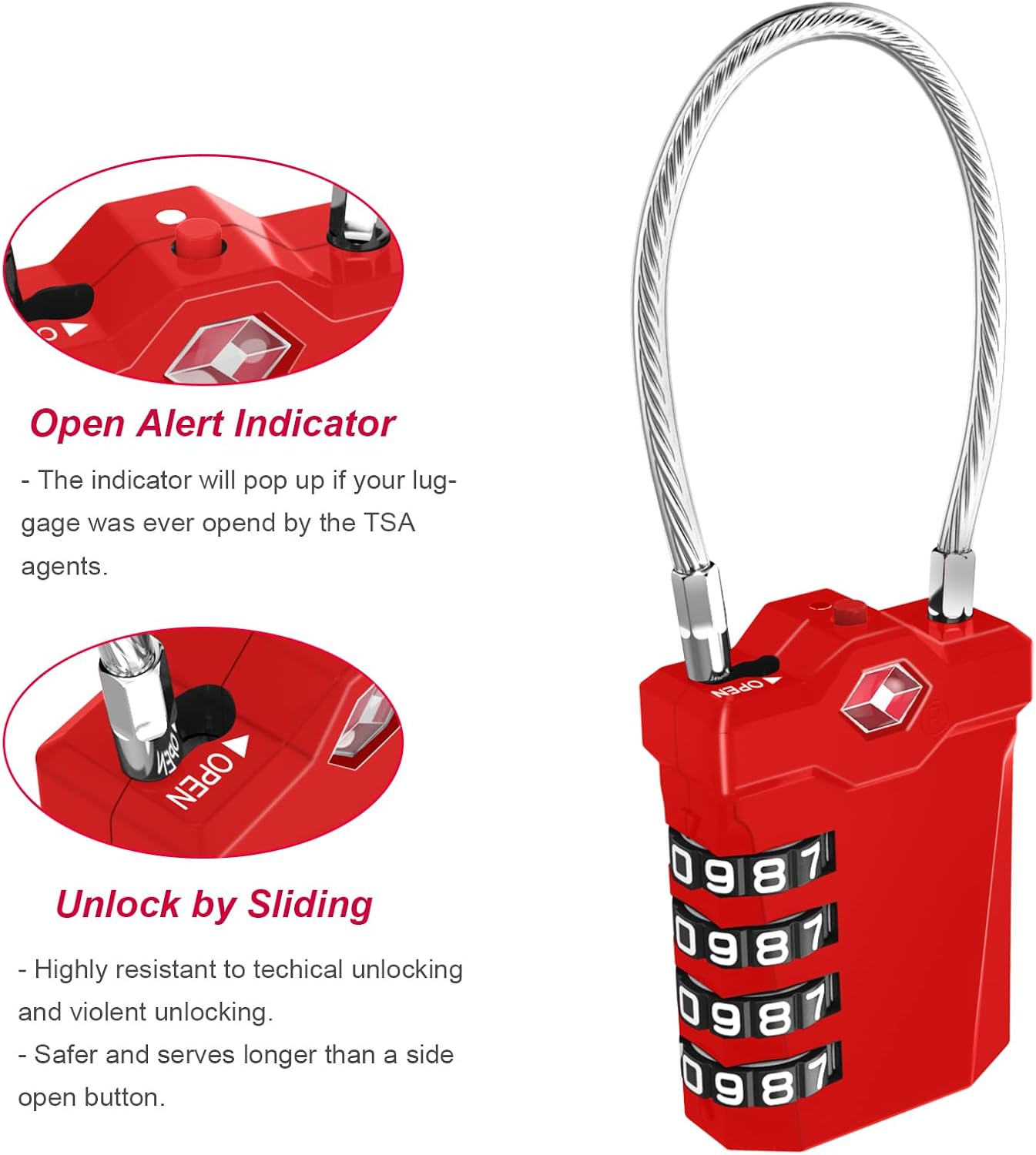 ZHEGE TSA Cable Luggage Lock, 4 Digit Zipper Lock with Open Alert Indicator, Easy to Read White Number Lock for School Gym Locker, Backpack, Suitcase, Laptop Bag (1 Pack, Red)