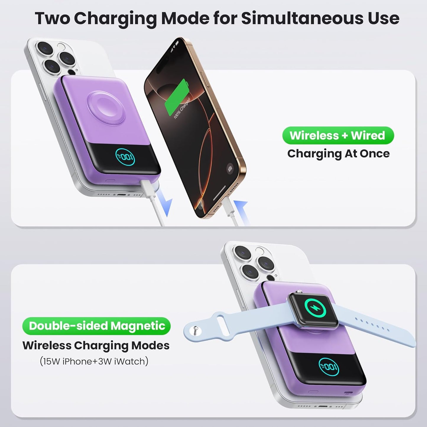Magnetic Portable Charger for iPhone, 10800mAh Qi2 15W Wireless Power Bank with iWatch Charger,30W PD Fast Charging USB-C Travel Essentials Battery Pack for Magsafe,iPhone 17/16/15/14/13, Apple Watch