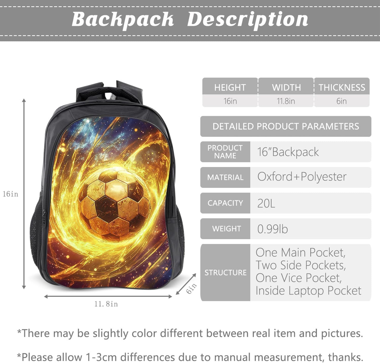 Klymax Football Backpack Soccer Sports Kids Schoolbag with Lunch Box Bag Pencil Bag 3pcs Bookbag Sets for Boys Girls