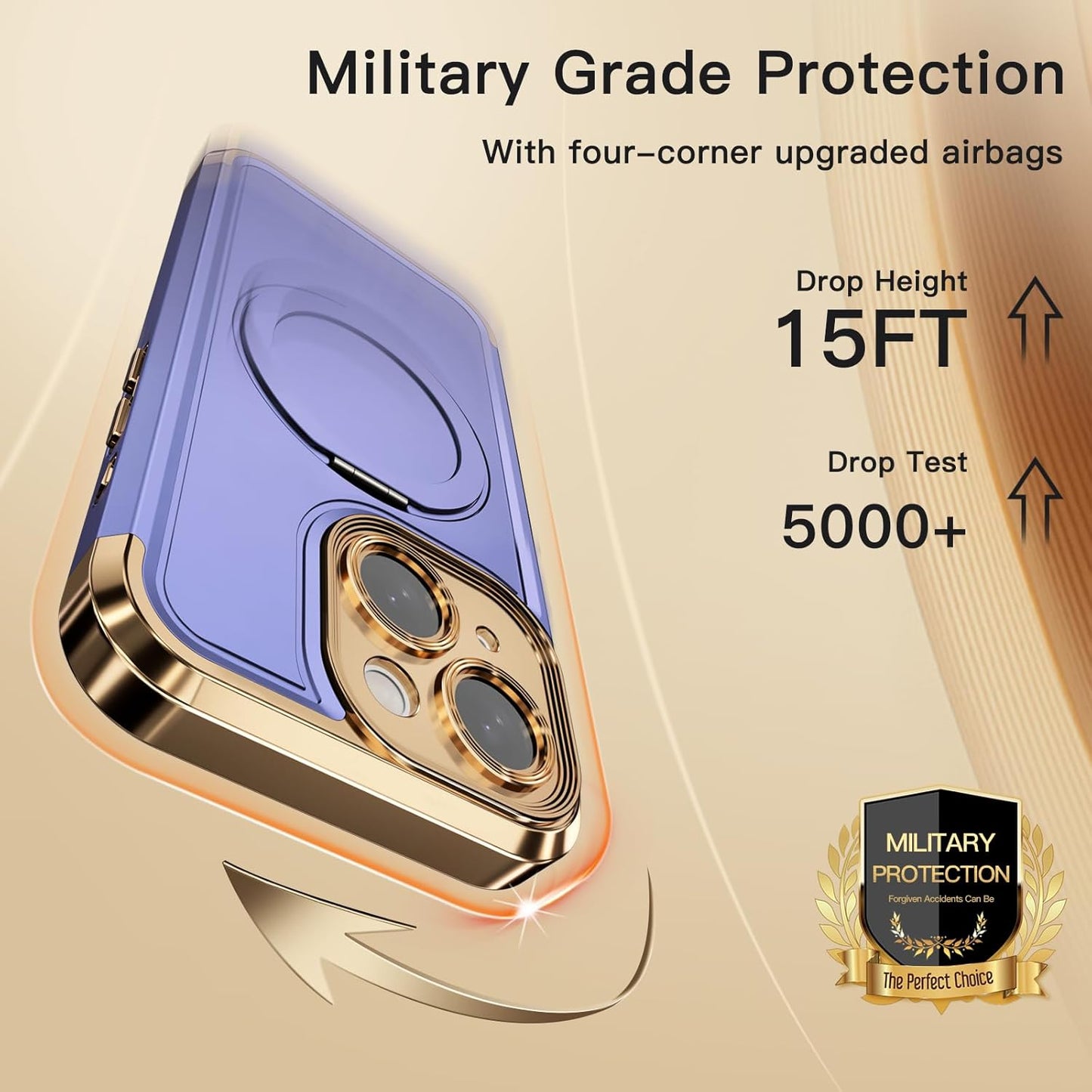 COOLQO for iPhone 15 Case 6.1'' Upgraded 360° Spin Magnetic Stand [Compatible with Magsafe][Military Protection] Plating Matte Scratch-Resistant Back Protective Shockproof Phone Case, Purple Gold