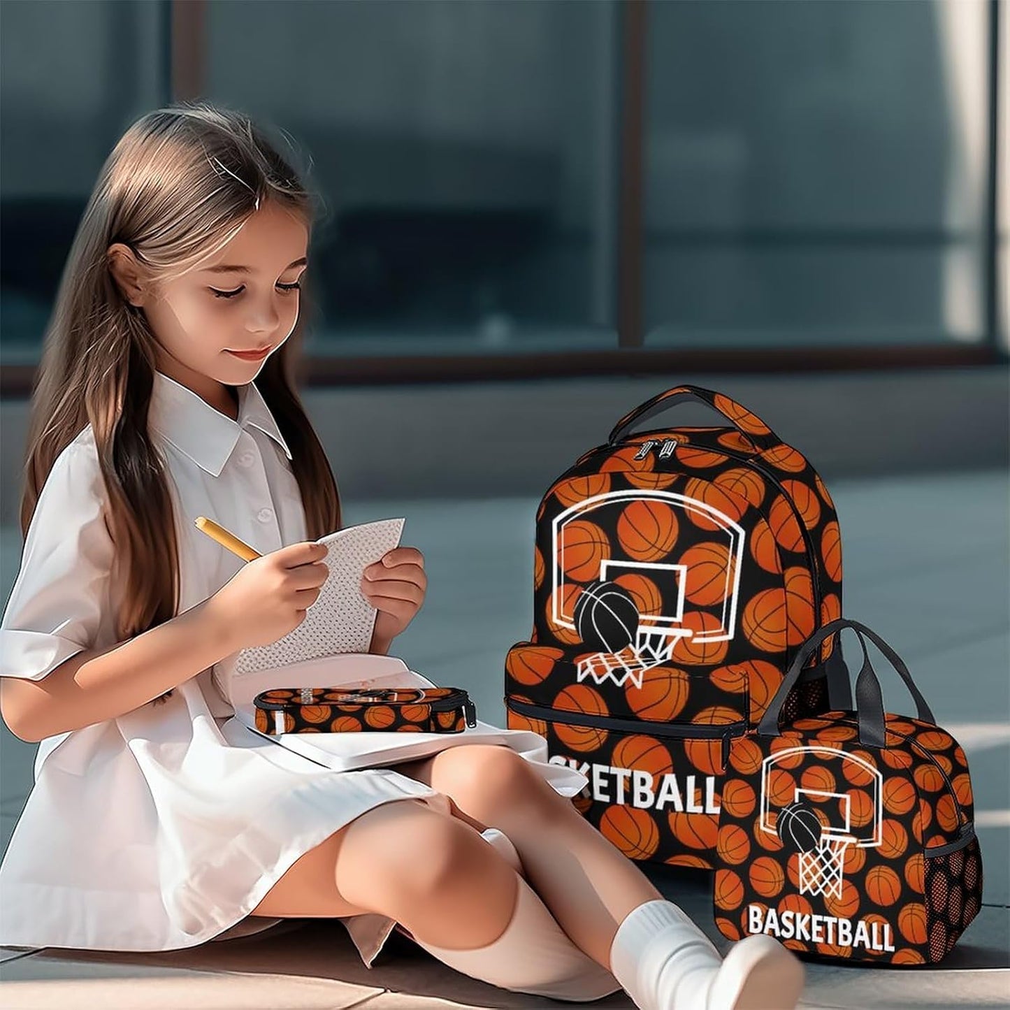 Mercuryelf Basketball Backpack with Lunch Box And Pencil Case, Elementary Kindergarten School Preschool Bookbag for Boys Girls Kids, Set of 3