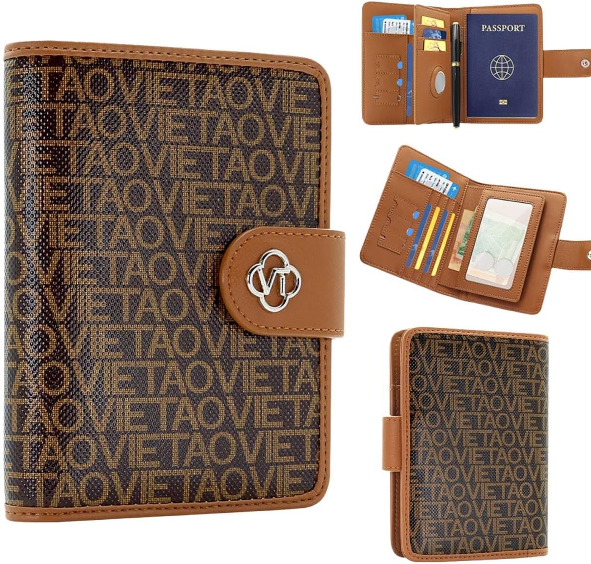 RFID Blocking Leather Passport Holder for Travel, Airtag Passport Wallet for Men and Women, Cards, Passport, Tickets, Cash, Photo and Sim Card Pen Slot (Brown)