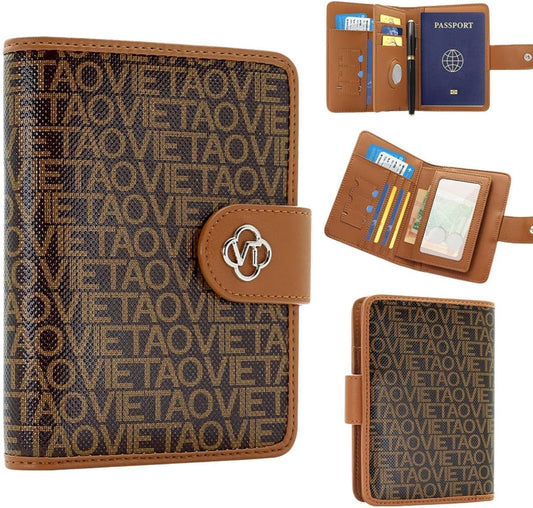 RFID Blocking Leather Passport Holder for Travel, Airtag Passport Wallet for Men and Women, Cards, Passport, Tickets, Cash, Photo and Sim Card Pen Slot (Brown)