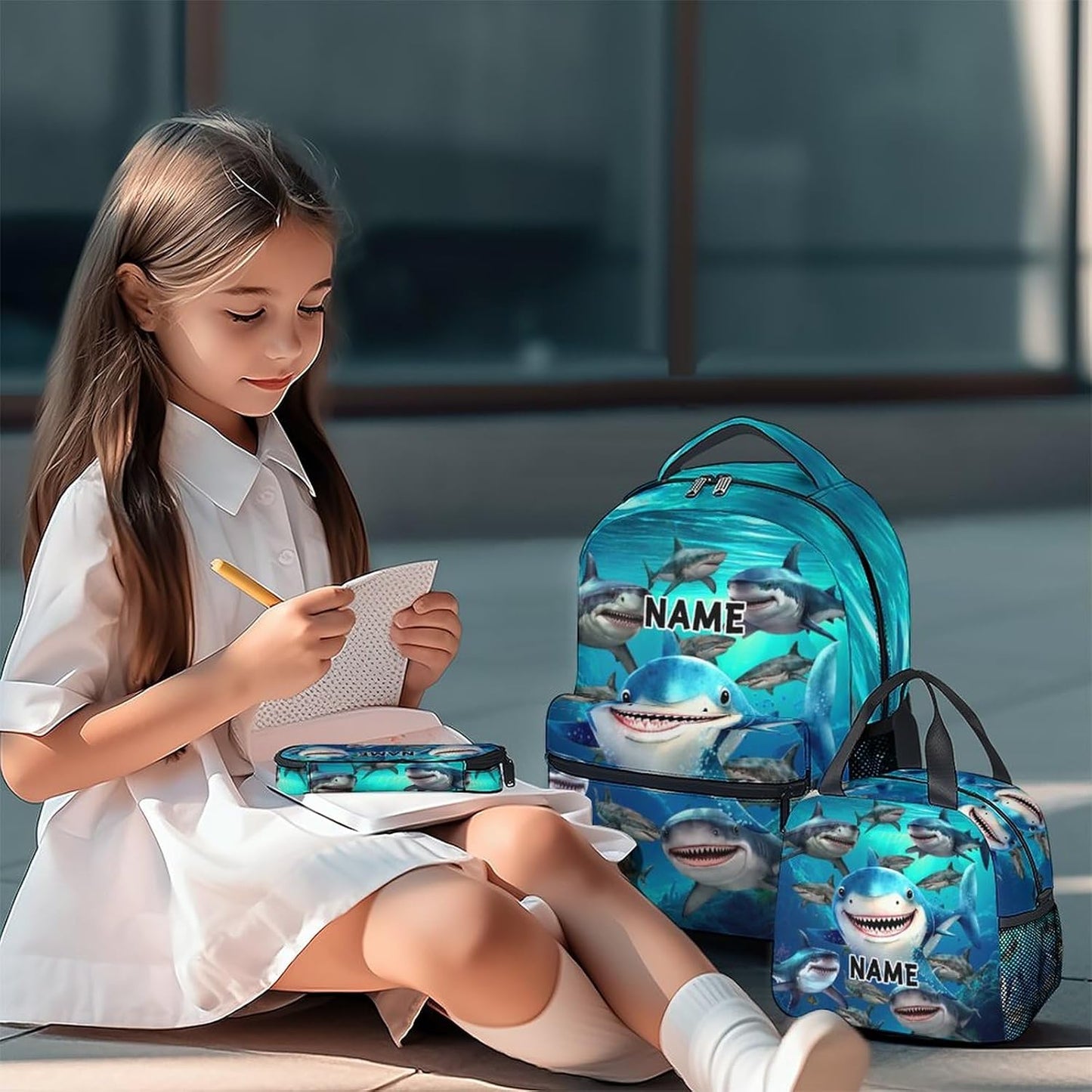 Custom Shark Backpack with Lunch Box, Set of 3 School Backpacks Matching Combo, Cute Blue Bookbag and Pencil Case Bundle