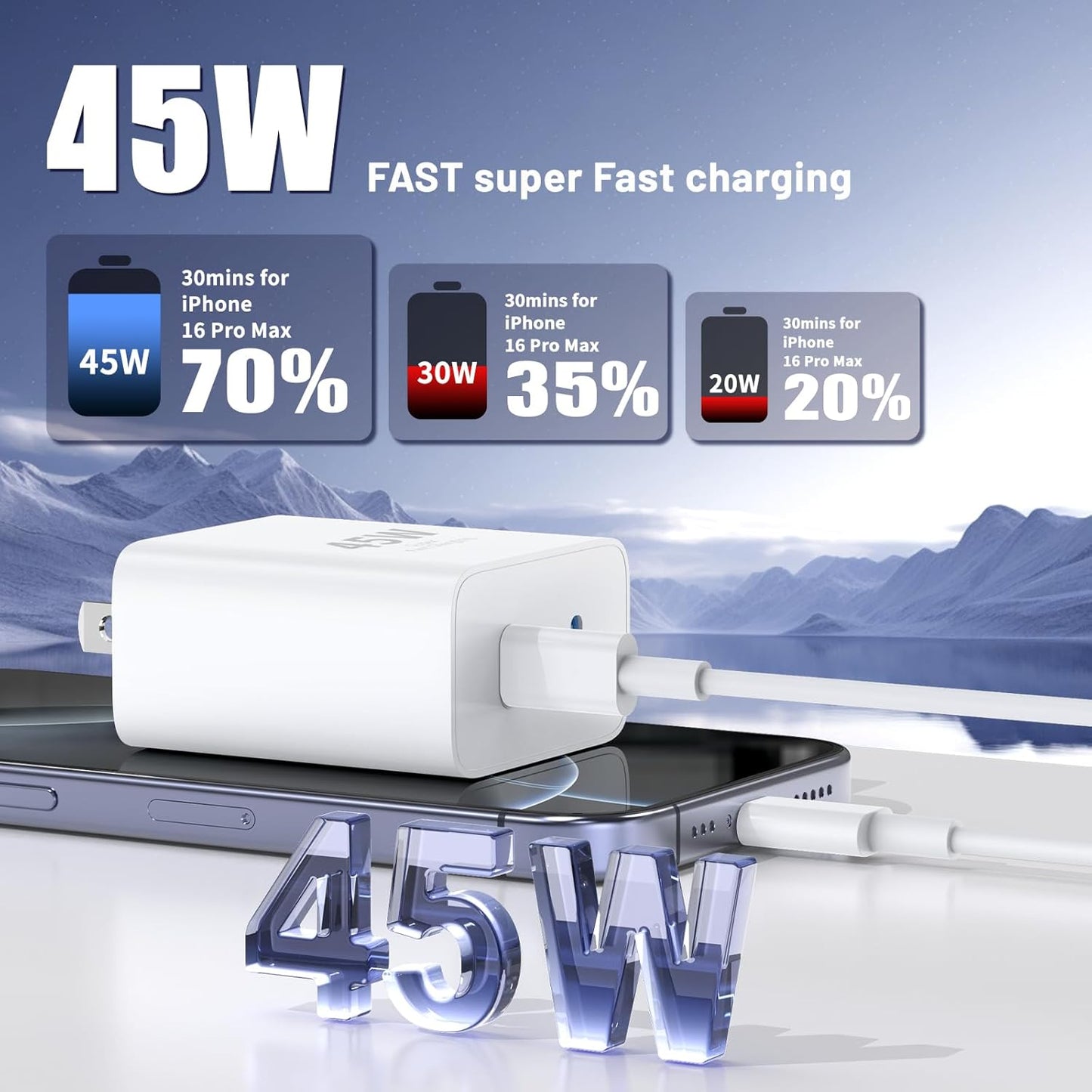 iPhone 17 16 15 Pro Max Charger Fast Charging,45W Dual Port USB C Fast Charger Block [2-Pack] & Extra Long 60W 3/6/10/10FT USB C Cable - PD Quick Adapter 3.0 for iPhone 16 15 17/16 15 17 Pro.