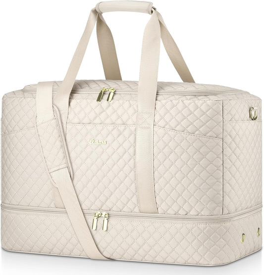 Duffle Bag for Travel, Weekender Bag with Shoe Compartment, Carry On Overnight Bag for Women with Toiletry Bag Duffel Bags with Wet Pocket for Gym Hospital Bags for Labor and Delivery Beige