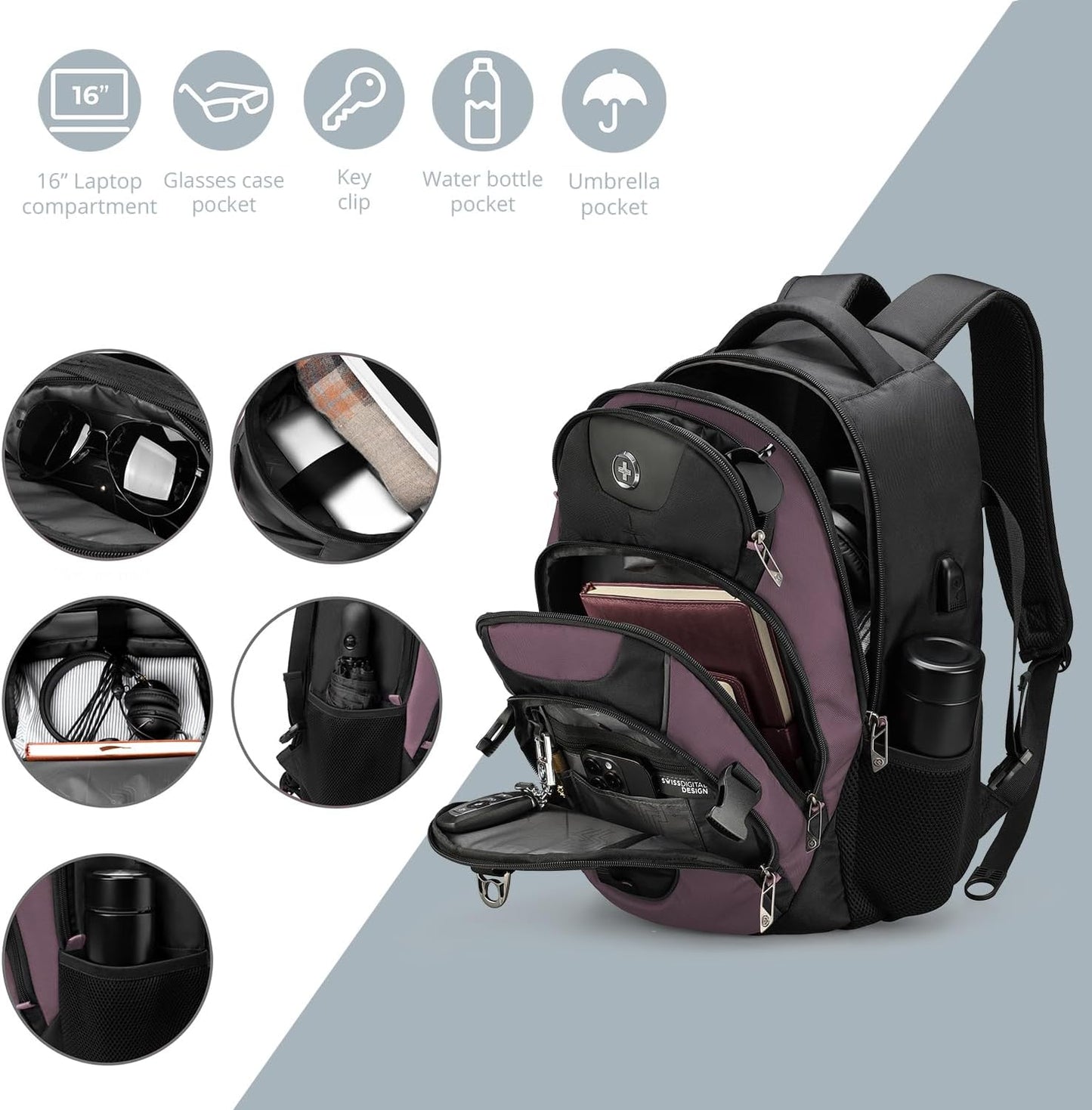 Swissdigital Design Laptop Backpack with USB Charging Port, Travel Backpack Fits 15.6 inches Computer, 31L College School Backpack for Women, Light Purple/Black | SD803
