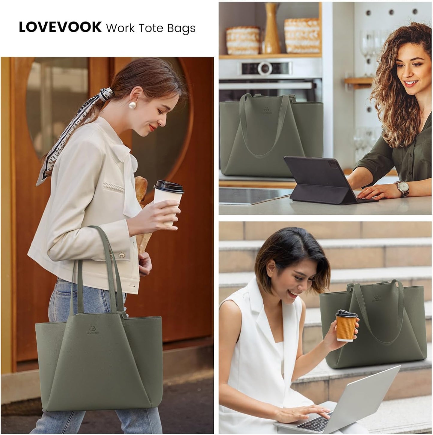 LOVEVOOK Laptop Tote for Women - 15.6 Inch Faux Leather Laptop Bag with Clutch, Large Capacity Office Purse Computer Briefcase for Casual Business Travel,Dark Green