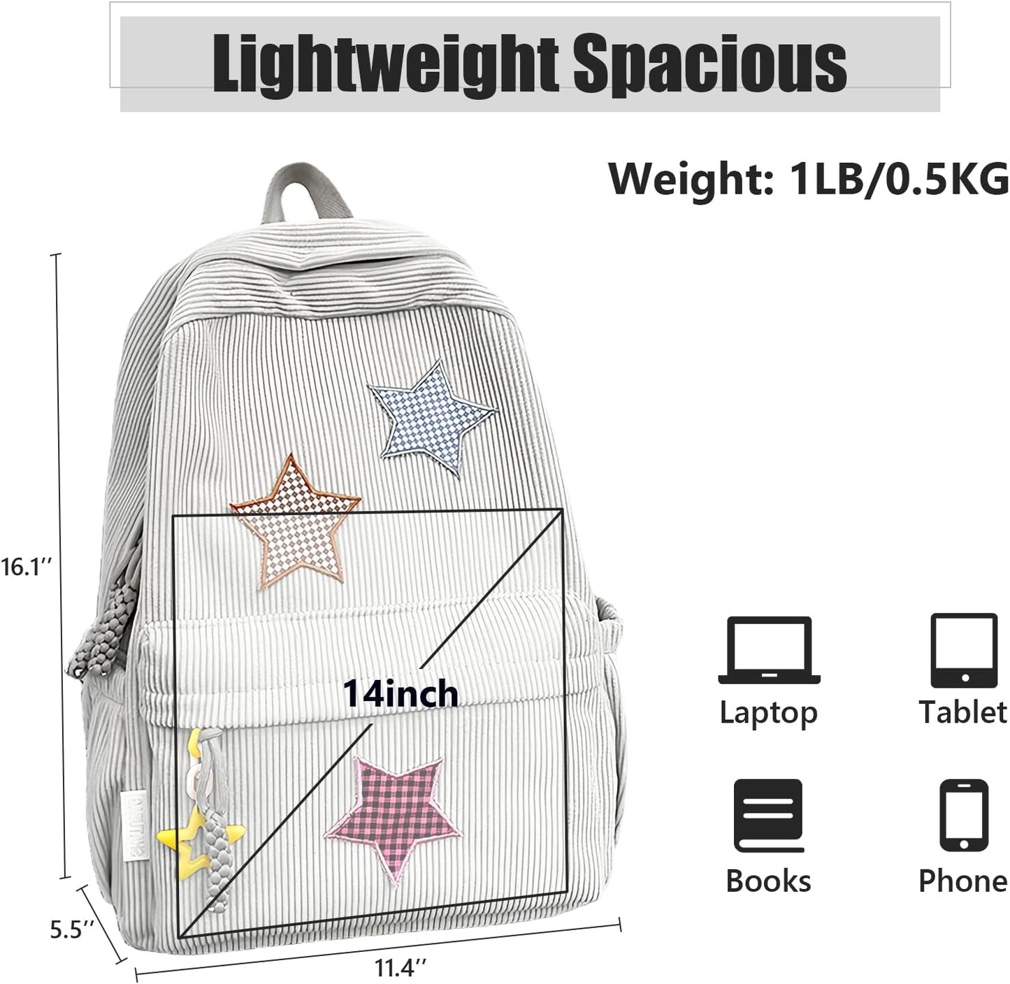 Corduroy Backpack with Star Pattern, Trendy and Versatile, Fits 14'' Laptop Large Capacity Daily Commute (Beige)