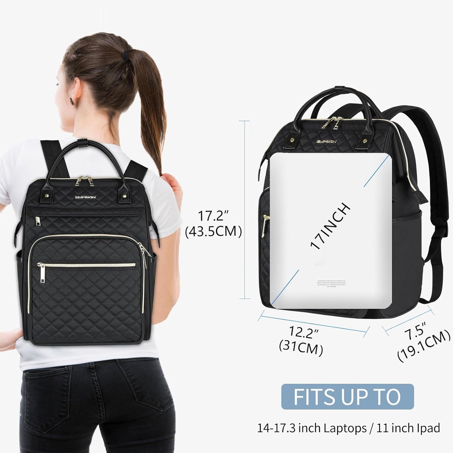 EMPSIGN 17 Inch Laptop Backpack for Women, Work Business Travel Computer College Bags, Large Capacity Water-repellent Quilted Casual Daypack with USB Port, Black