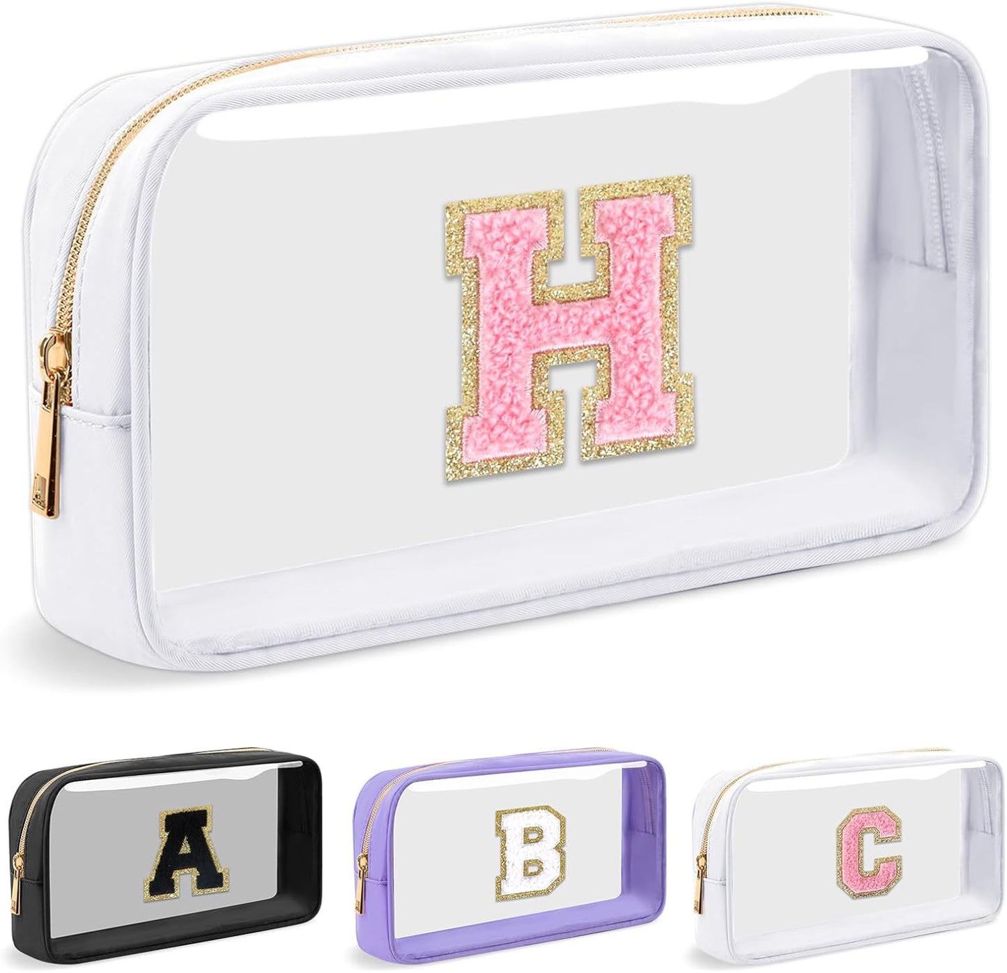 Personalized Initial Letter Clear Makeup Bag,Preppy Small Nylon&PVC Cosmetic Zipper Bag with Chenille Letter,Travel Skincare Toiletry Bag,Monogram Christmas Gift for Teen Girls Women,H