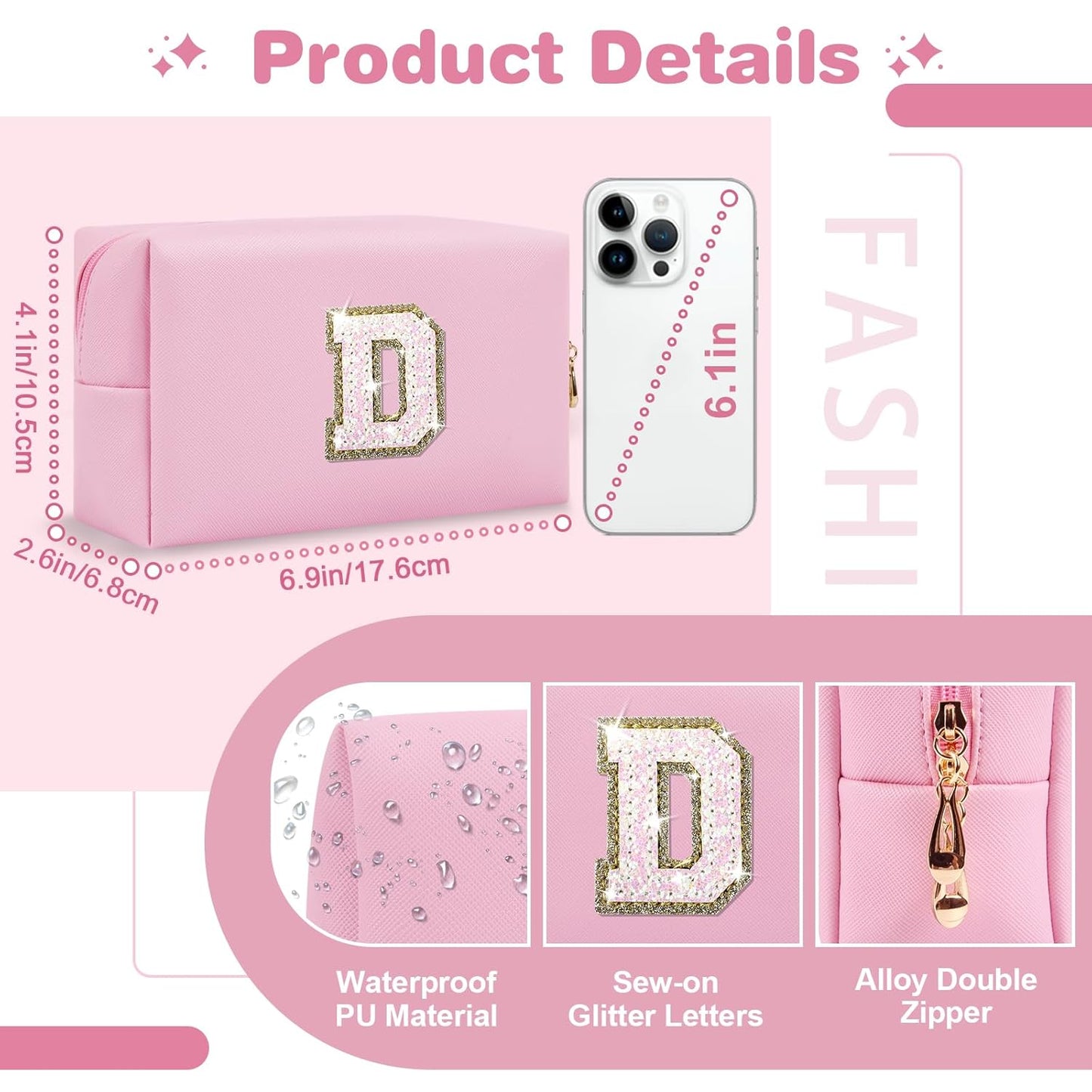 Small Personalized Initial A-Z Patch Makeup Bag,Pink Cute PU Leather Glitter Letter Cosmetic Bag for Teen Girls,Travel Toiletry Bag with Zipper,Preppy Monogrammed Birthday Gift for Daughter Niece D