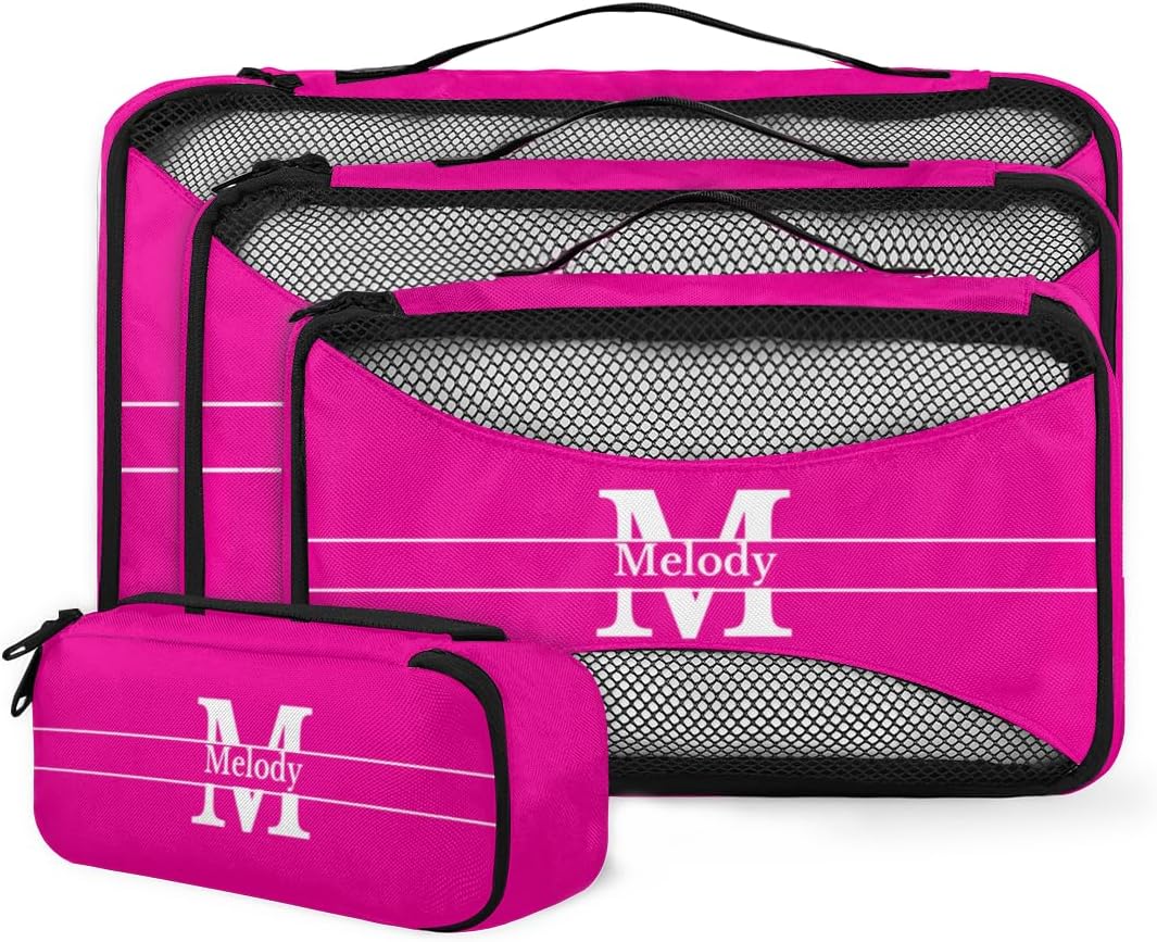 Custom 4 Set Packing Cubes for Travel, Personalized Deep Pink with Initial Letter Mesh Travel