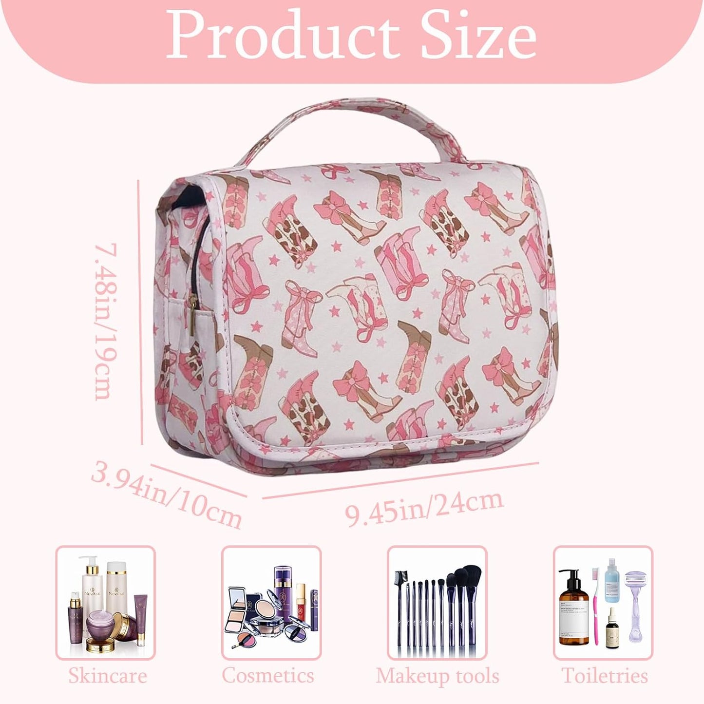 Crazy Bison Hanging Travel Toiletry Bag Kit Makeup Bag Cosmetics Organizer for Men Women (Cowboy Boots with Bow)