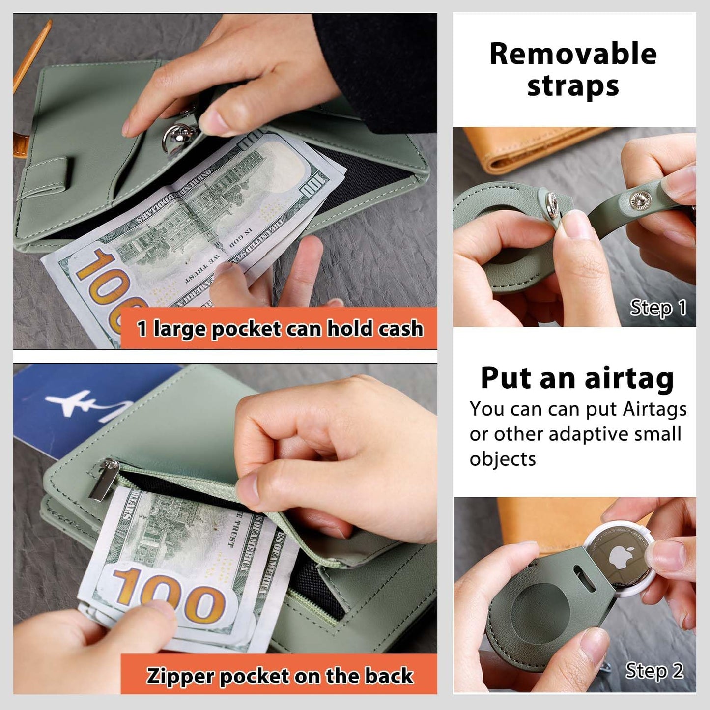 Deziliao Passport wallets, Mulit-purpose RFID Blocking Passport Holder AirTag Wallet, Travel Wallet（Moss Green）