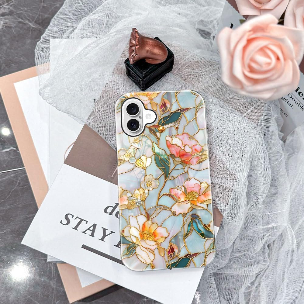 Case for iPhone 16 - Slim Fit Anti-Scratch Phone Case for Girl Women - Stained Glass Aesthetic Flowers (Glossy)