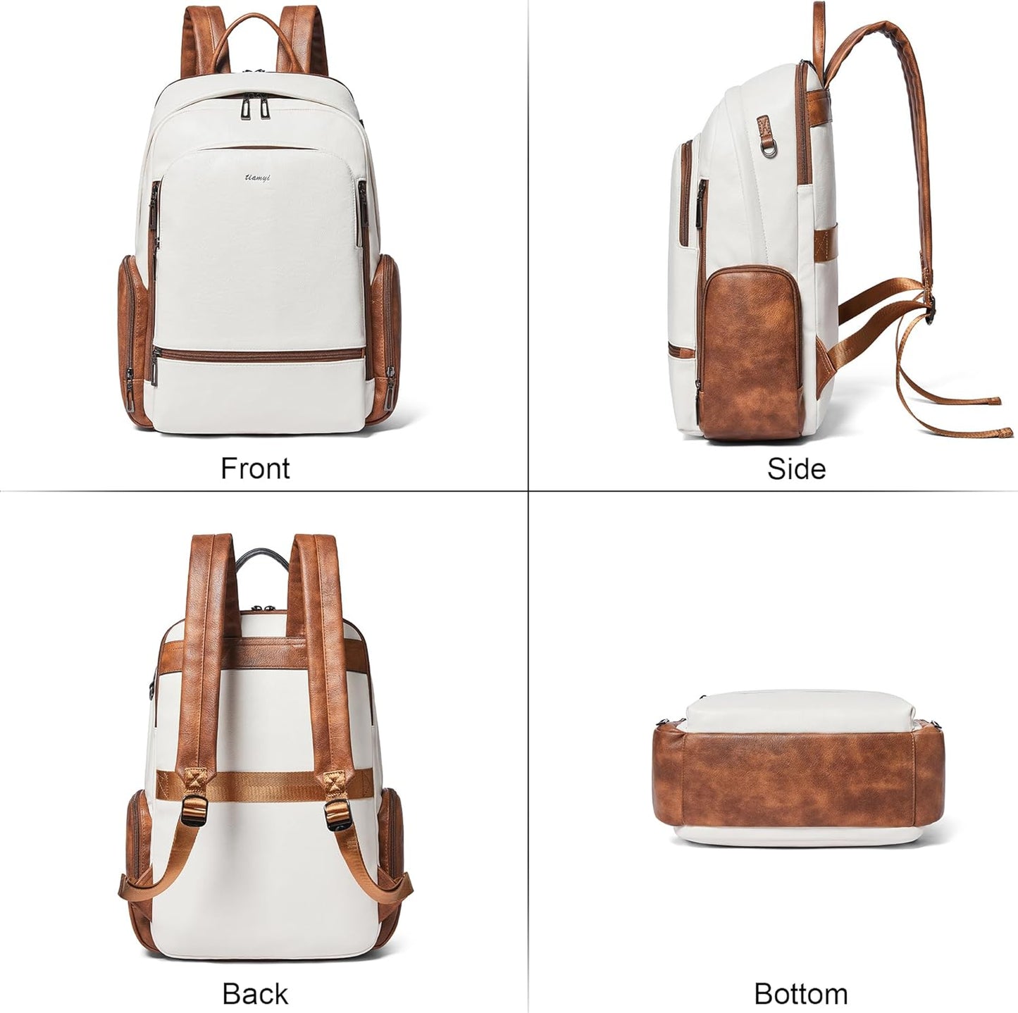 Computer Backpack for Women Soft Leather Back pack with 15.6 inch Laptop Compartment, Designer Ladies Travel Backpack, Beige