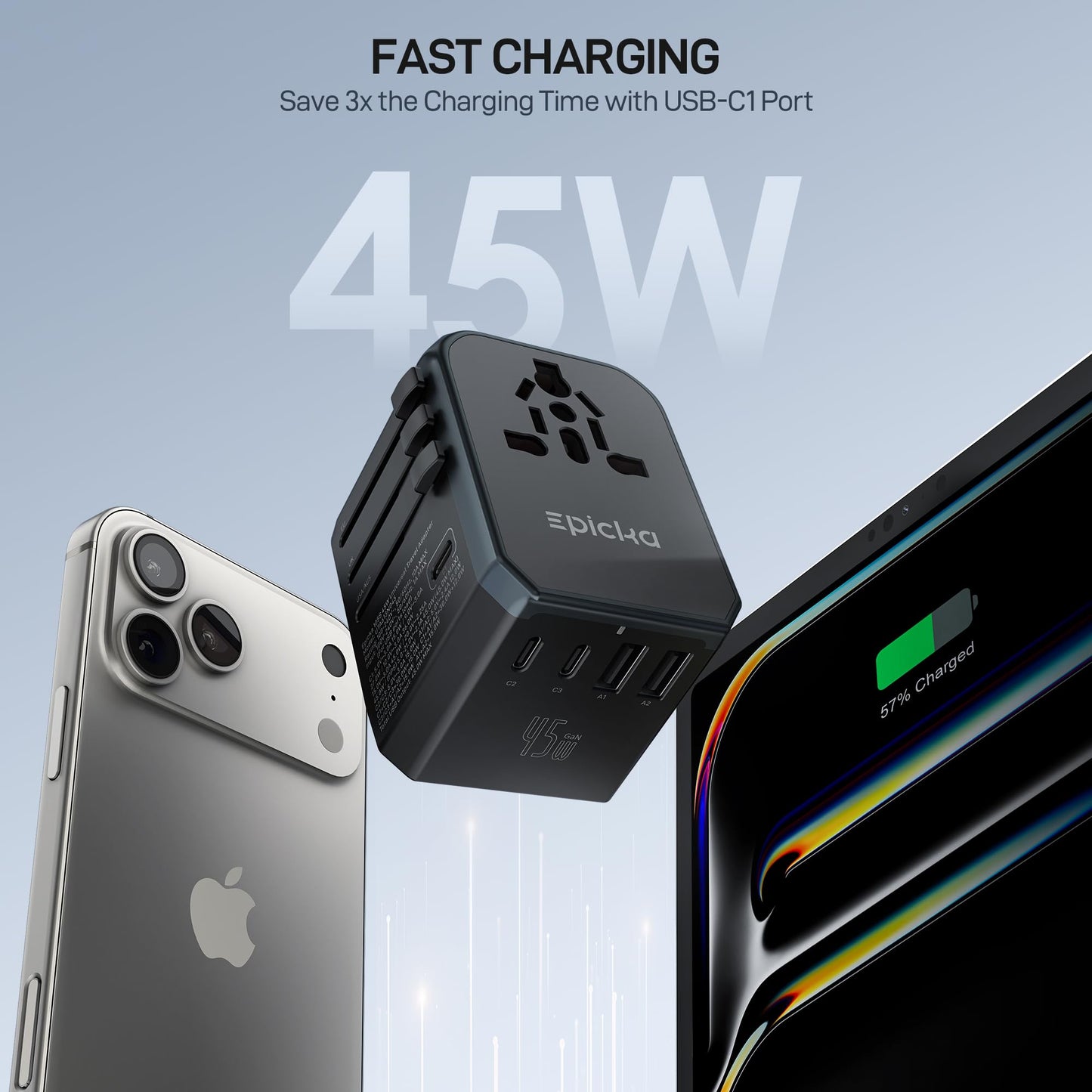 EPICKA 45W Universal Travel Adapter PD&QC, 1AC/4USB-C/1USB-A