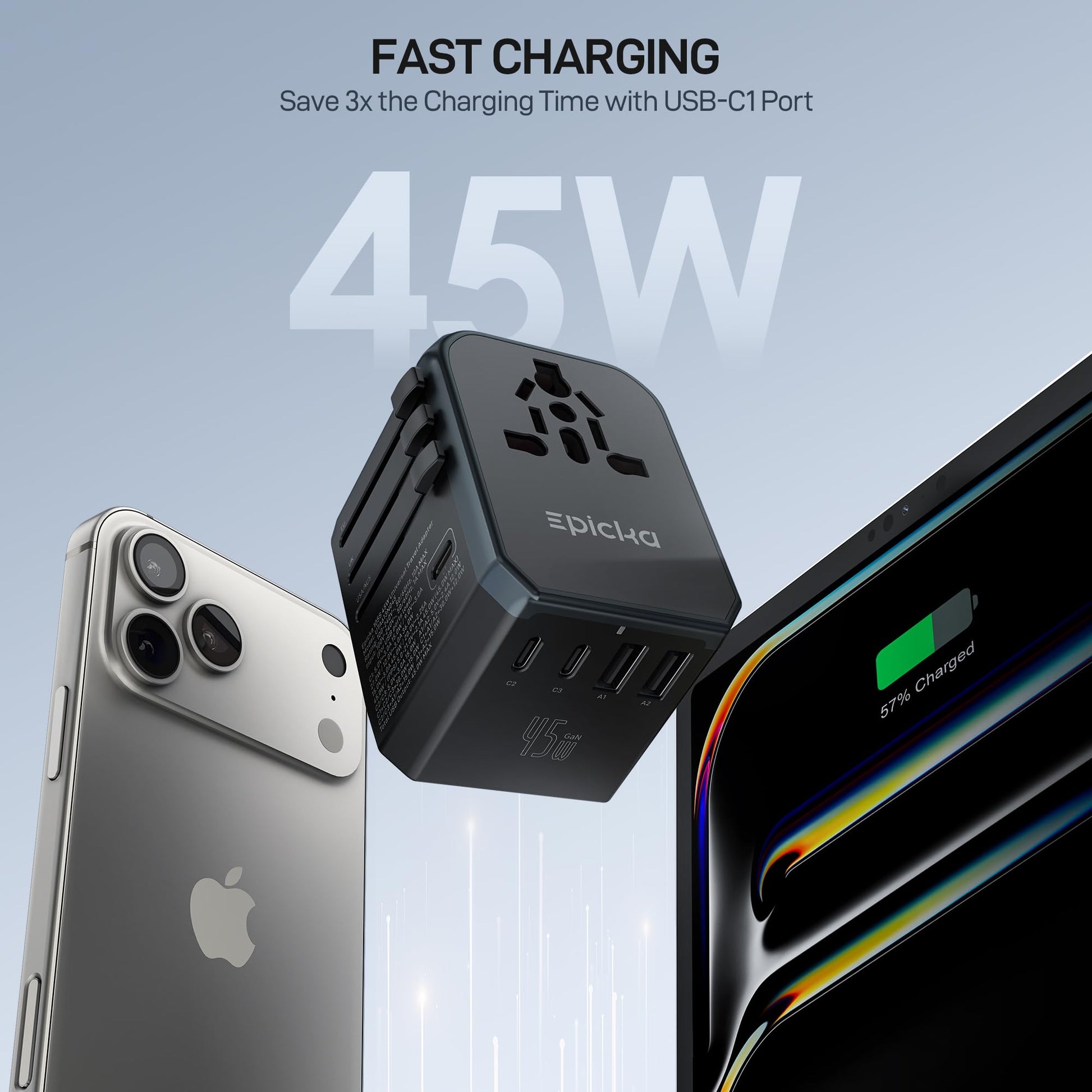 EPICKA 45W Universal Travel Adapter PD&QC, 1AC/4USB-C/1USB-A