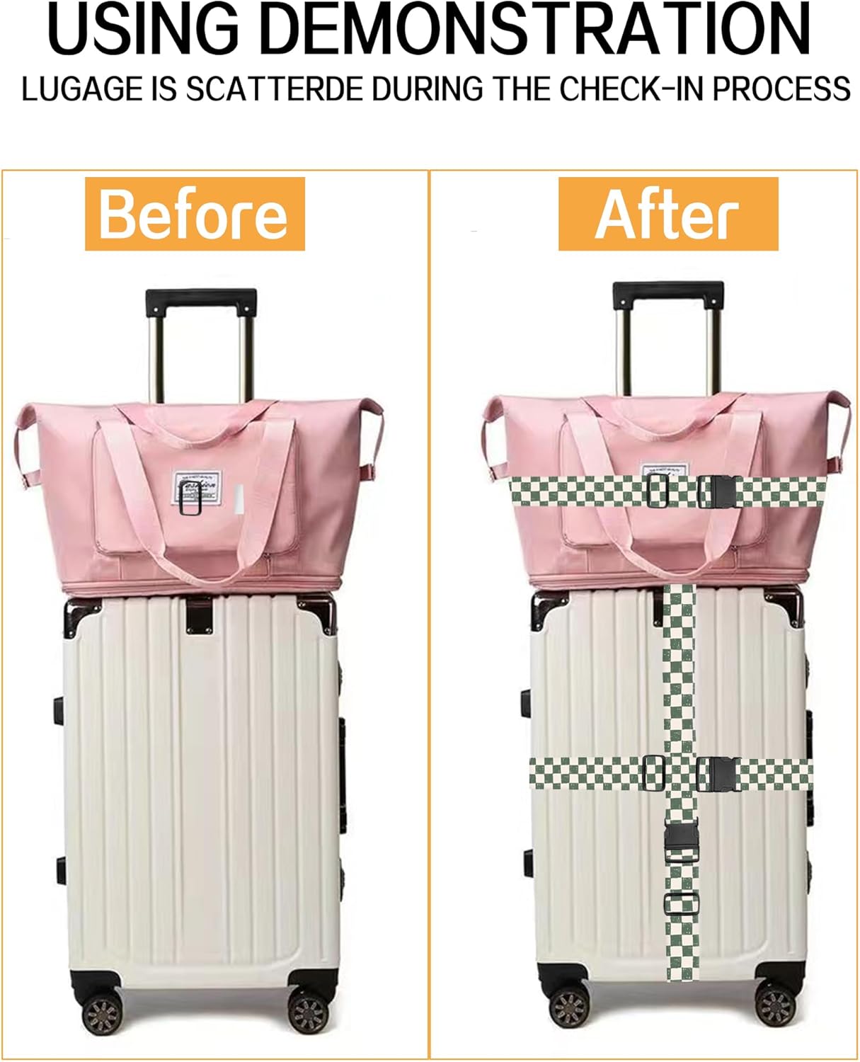 Luggage Straps for Suitcases, Adjustable Travel Belt, Durable Wide Luggage Strap, Cute Suitcase Strap Identifiers with Buckle, Bag Straps for Luggage, Green White Plaid