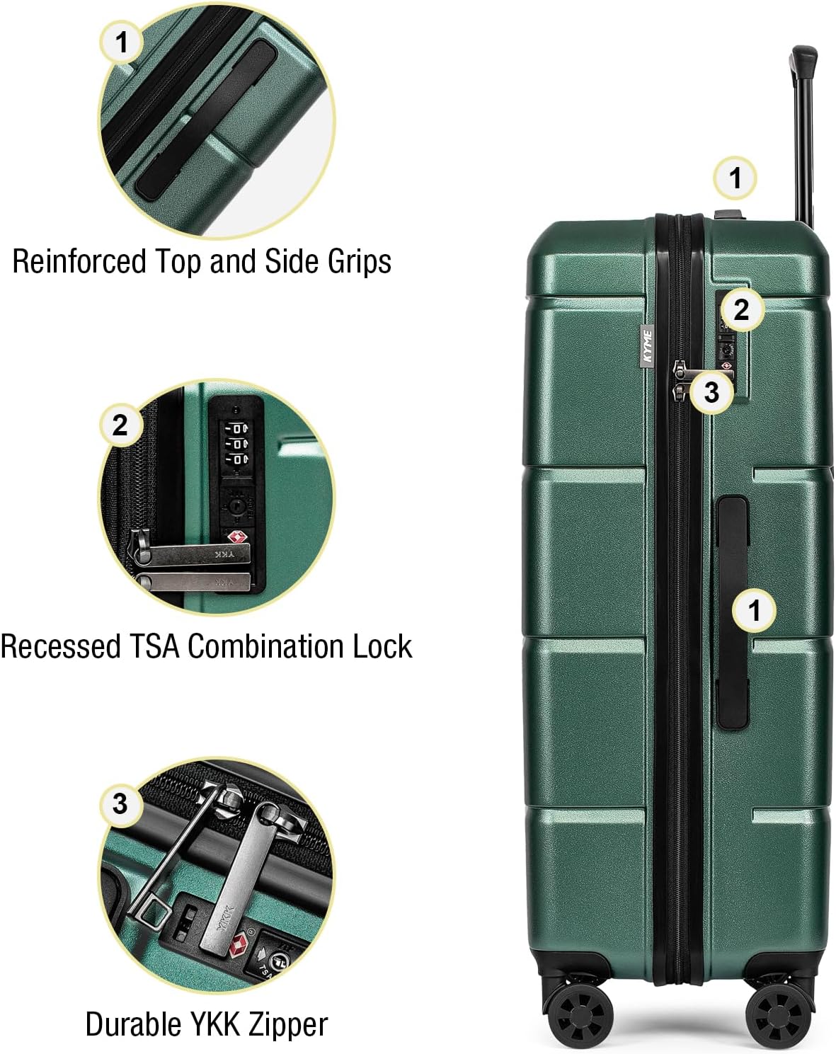 KYME 28 Inch Luggage TSA Approved Hardside Suitcases with Spinner Wheels Durable Large Travel Checked Rolling Luggage for Women Men Green