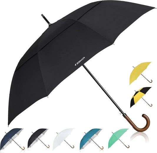 ZEKAR Wooden J-Handle Umbrella, 54/60 / 68 inch, Classic Versions, Large Windproof Stick Umbrella, Auto Open for Men and Women (Black, 60”-pack of 2)